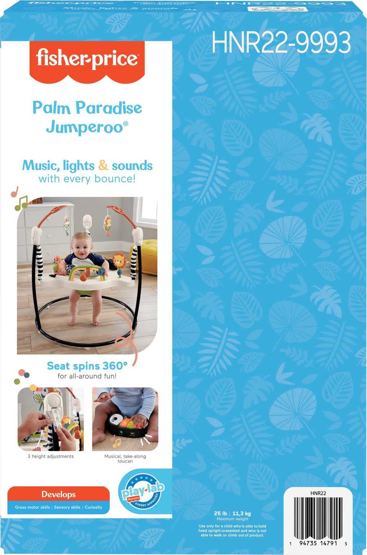 Fisher-Price Baby Bouncer Palm Paradise Jumperoo Centro de actividades con luces musicales sonidos y juguetes de desarrollo
