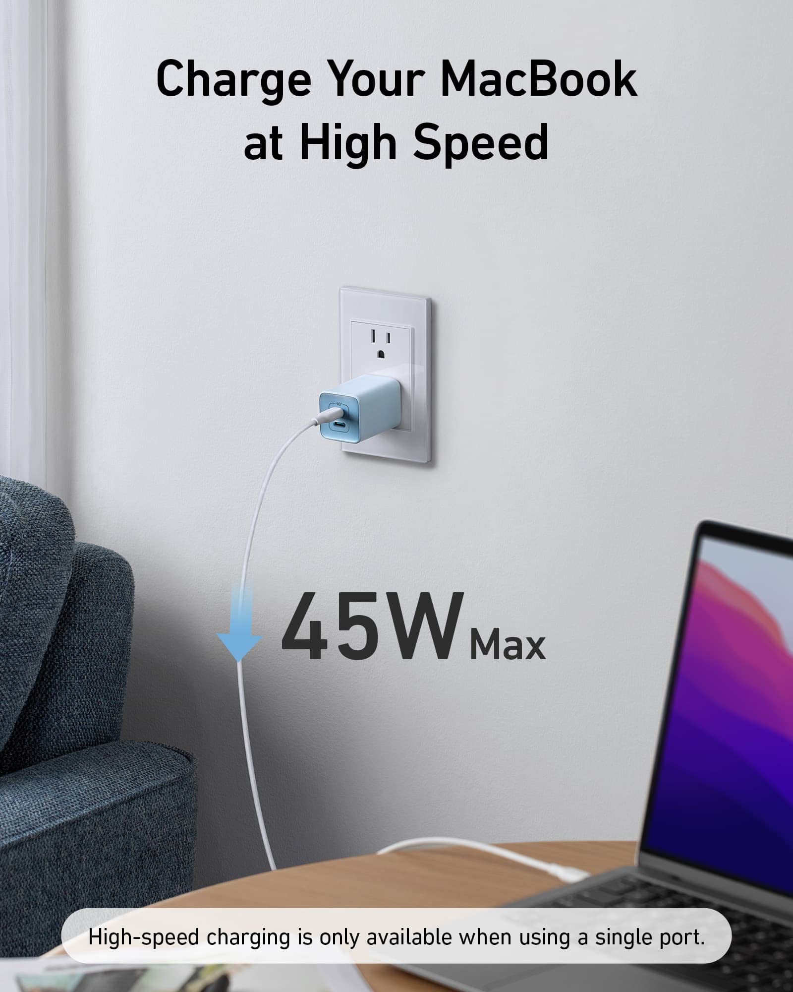 Cargador USB-C Anker Negro Rápido GAN Compacto 47 W de 2 Puertos
