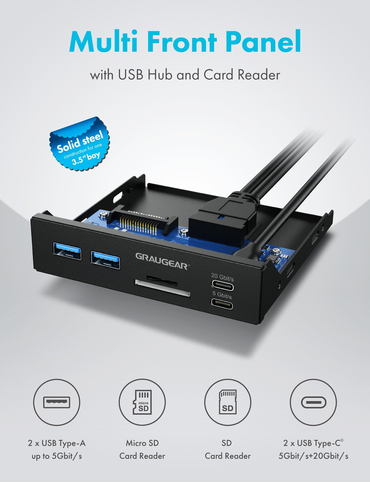 GRAUGEAR Hub USB de panel frontal de 3.5 pulgadas con lector de tarjetas interno, USB 3.2 Gen2 USB-C, puertos USB 3.0, ranuras para tarjetas SD MicroSD/TF, cabezal de llave A de 20 pines y conexión de alimentación SATA, bahía de 3.5 pulgadas [G-MP01CR]