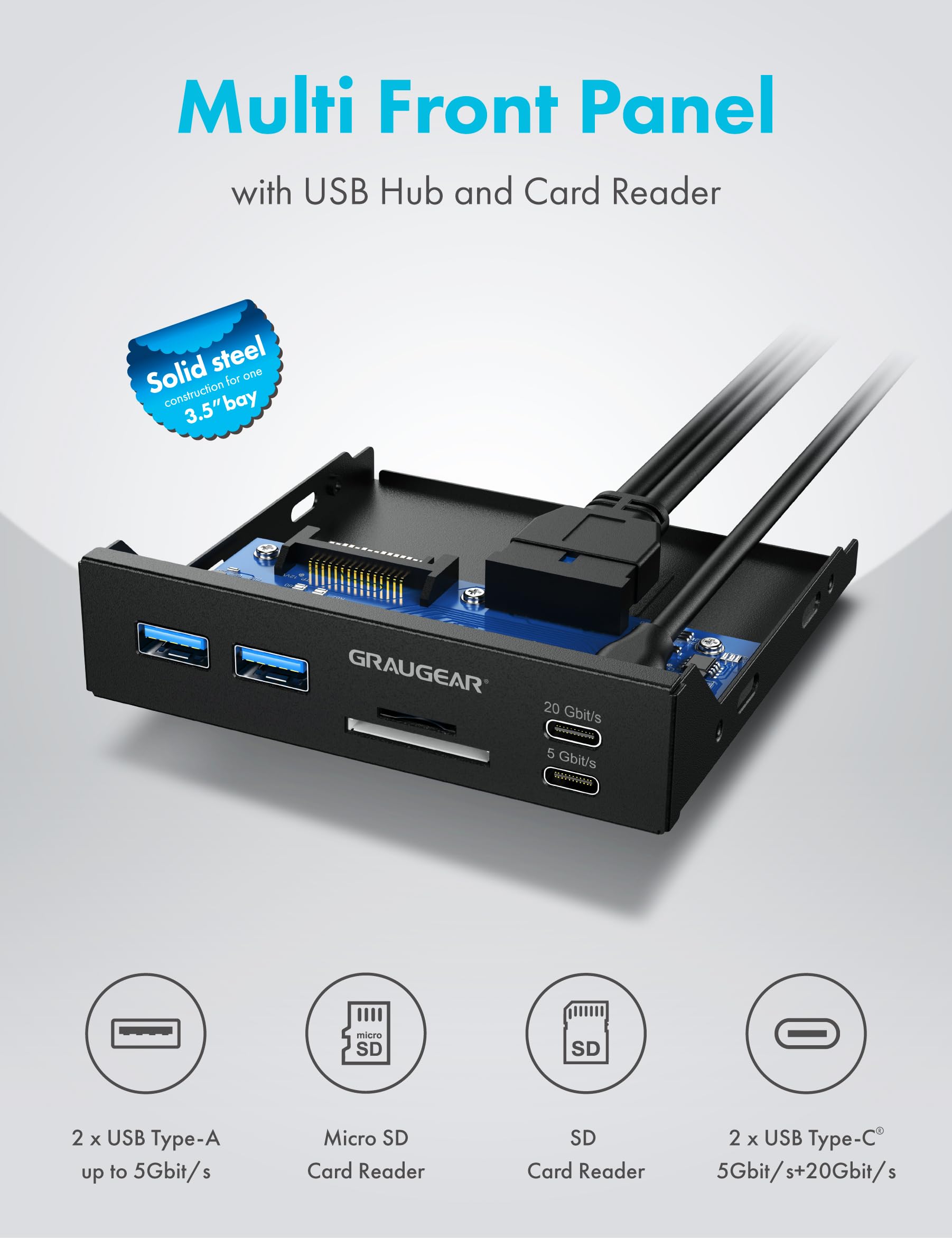 GRAUGEAR Hub USB de panel frontal de 3.5 pulgadas con lector de tarjetas interno, USB 3.2 Gen2 USB-C, puertos USB 3.0, ranuras para tarjetas SD MicroSD/TF, cabezal de llave A de 20 pines y conexión de alimentación SATA, bahía de 3.5 pulgadas [G-MP01CR]