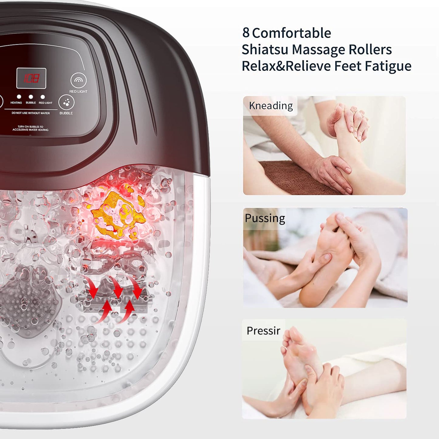 Masajeador de Baño para Pies con Calor y Burbuja, 8 Rodillos de Masaje, Sal de Epsom, Luz Roja y Vibración para Aliviar el Estrés