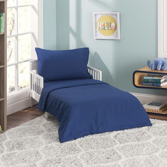 Everyday Kids - Juego de ropa de cama de 4 piezas para niños, incluye edredón, sábana encimera, sábana bajera y funda de almohada reversible, color azul marino