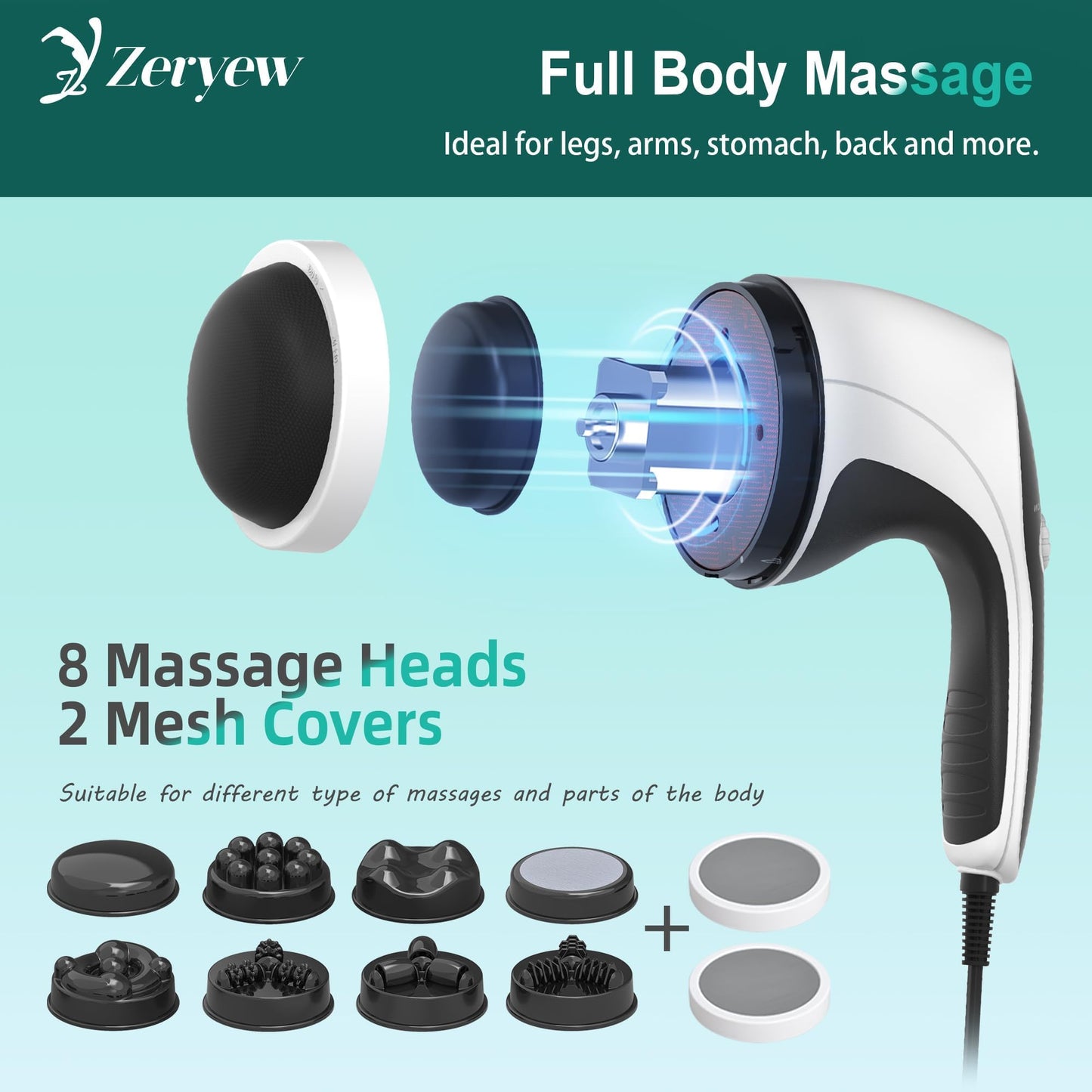 ZY ZERYEW Masajeador De Celulitis Portátil, Máquina De Modelado Corporal, Herramienta Eléctrica Para Masaje De Celulitis, Rodillo De Masaje Linfático Con 8 Cabezales Giratorios Y 2 Tapas De Malla Para