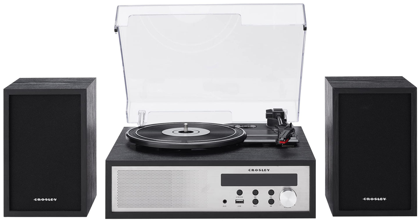 Crosley CR7022A-BK Sloane - Tocadiscos Bluetooth de 3 velocidades y Sistema de Estante de Radio FM con Altavoces estéreo a Juego, Color Negro