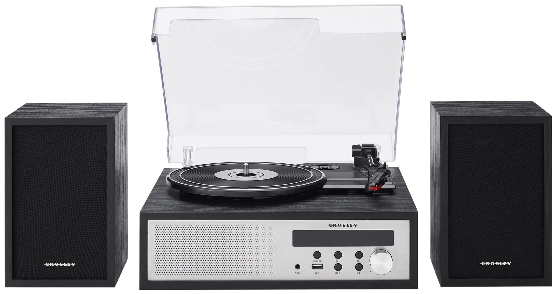 Crosley CR7022A-BK Sloane - Tocadiscos Bluetooth de 3 velocidades y Sistema de Estante de Radio FM con Altavoces estéreo a Juego, Color Negro