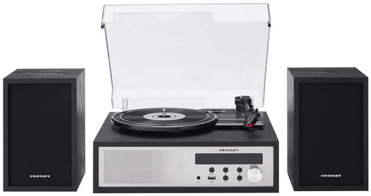 Crosley CR7022A-BK Sloane - Tocadiscos Bluetooth de 3 velocidades y Sistema de Estante de Radio FM con Altavoces estéreo a Juego, Color Negro