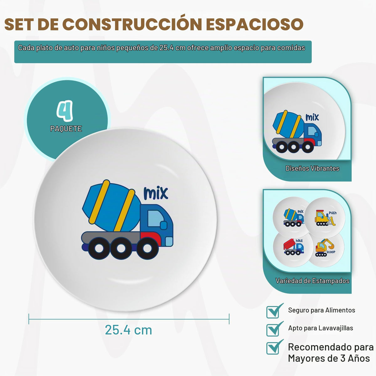4E's Novelty - Juego de 4 platos de melamina para niños, juego de platos de construcción para niños pequeños, juego de vajilla de personaje de camión con diversión y alegría, sin BPA, vajilla de