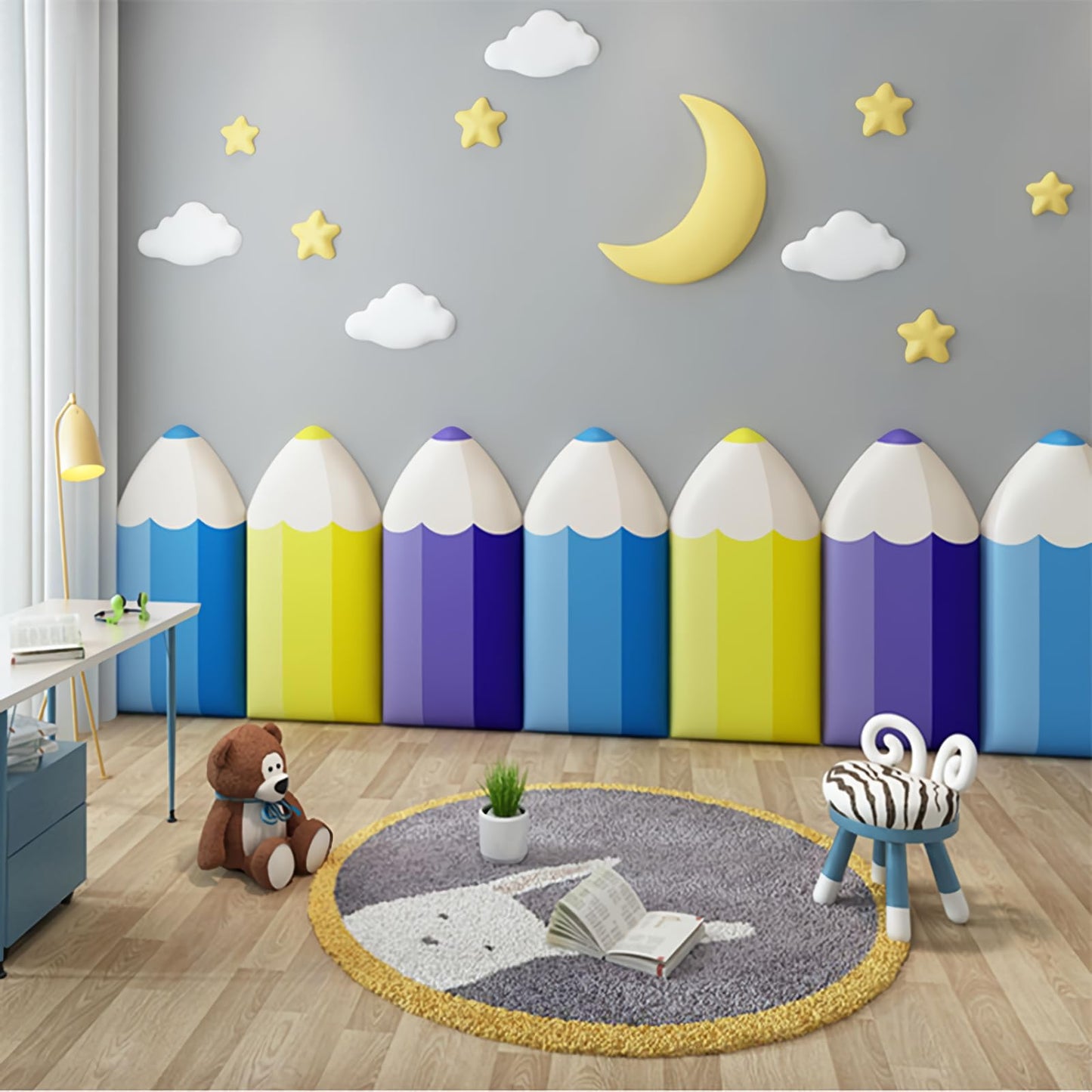 Paneles acolchados 3D anticolisión, cabecero en forma de lápiz, adhesivos de pared sensorial para despegar y pegar (morado, 4)