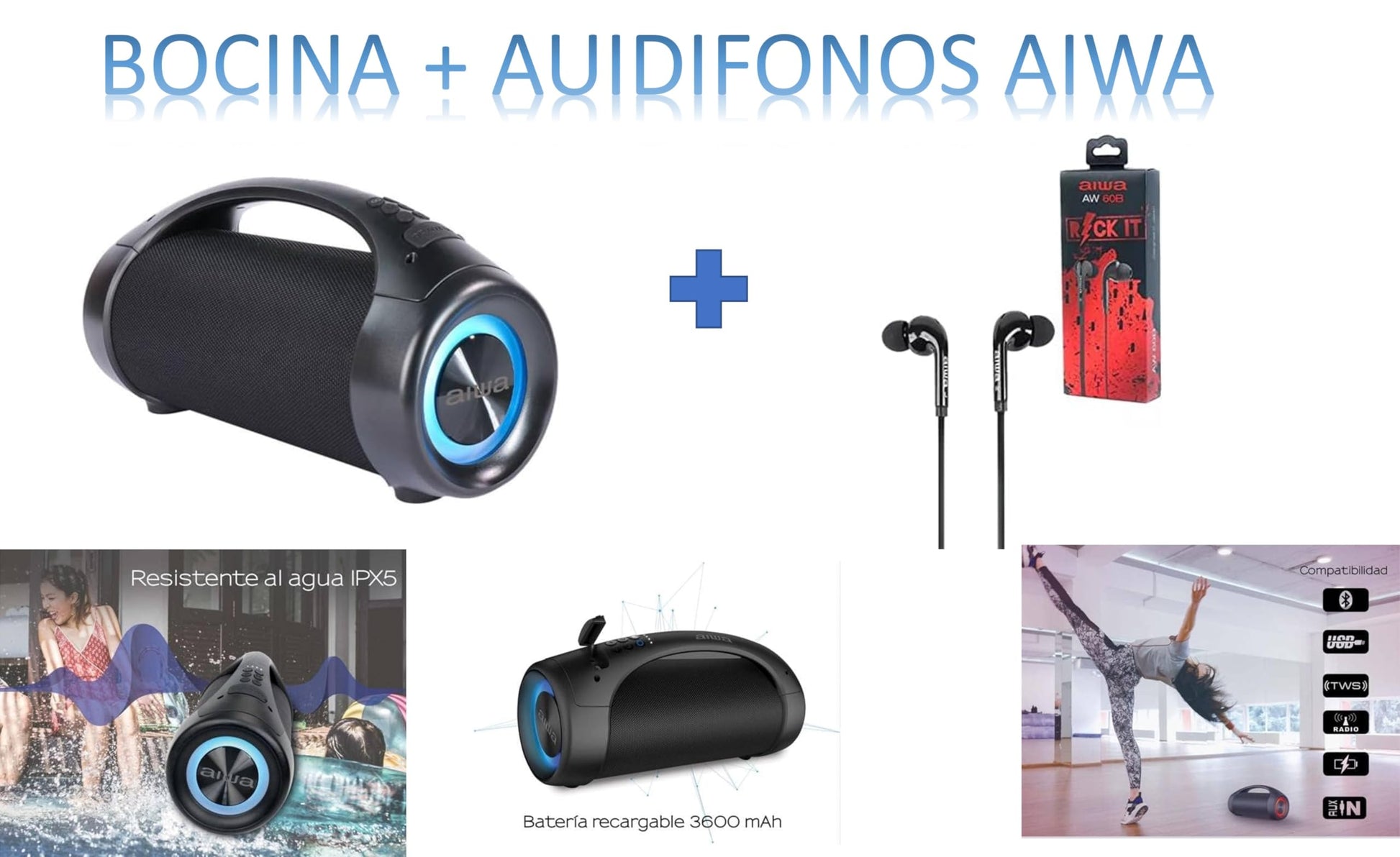 Aiwa Bocina Inalámbrica True Wireless con Bluetooth Mod. AWS600BT Incluye Audífonos Inteligentes de Alto Rendimiento Mod. AW60