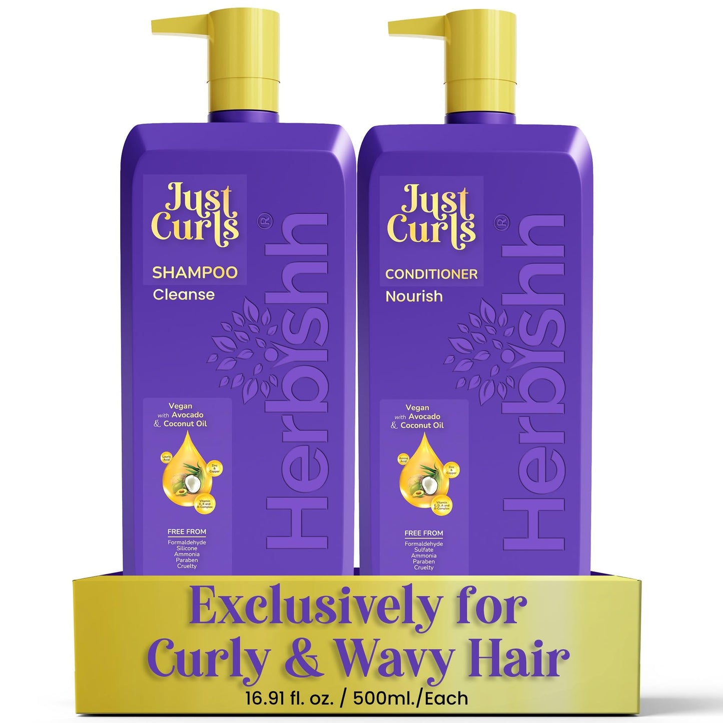 Set Shampoo y Acondicionador Herbishh Just Curls con Aceite de Coco y Aguacate – Fórmula Vegana sin Sulfatos | Nutrición, Hidratación y Definición para Cabello Rizado y Ondulado