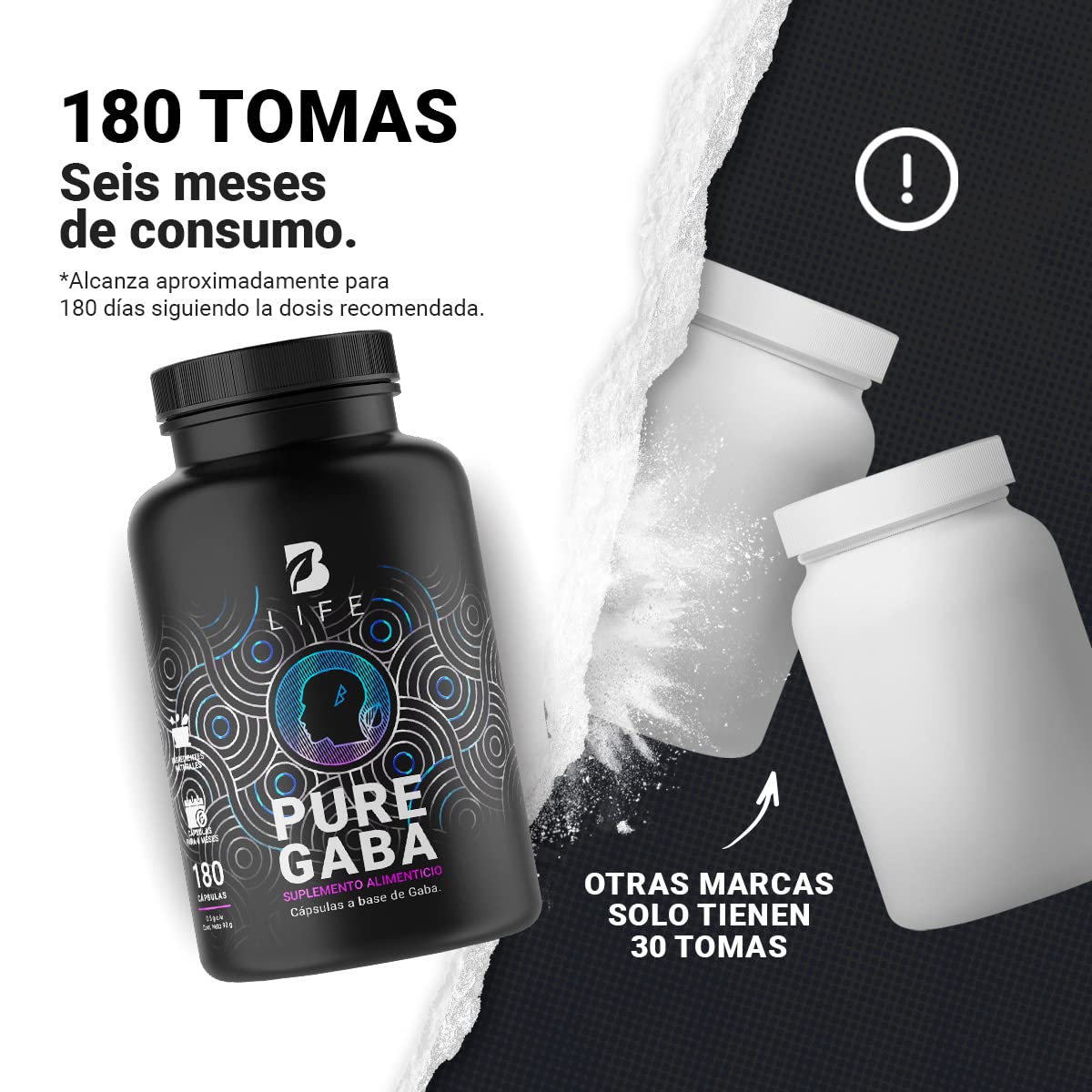 Gaba 500mg de 180 Cápsulas. Ingredientes naturales: Ácido Gamma Aminobutírico. Pure Gaba B Life.