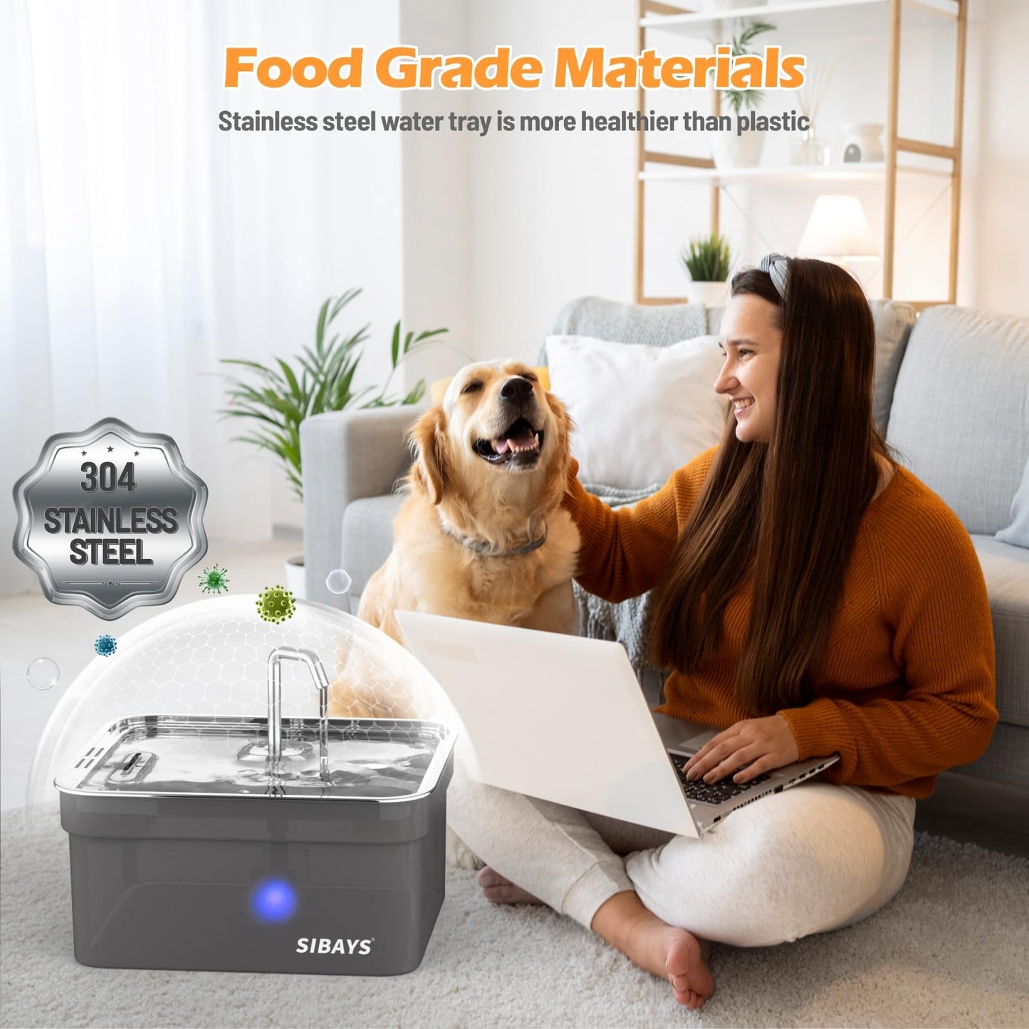 Fuente de Agua Automática SIBAYS Gran Capacidad Acero Inoxidable Ultra Silenciosa para Mascotas