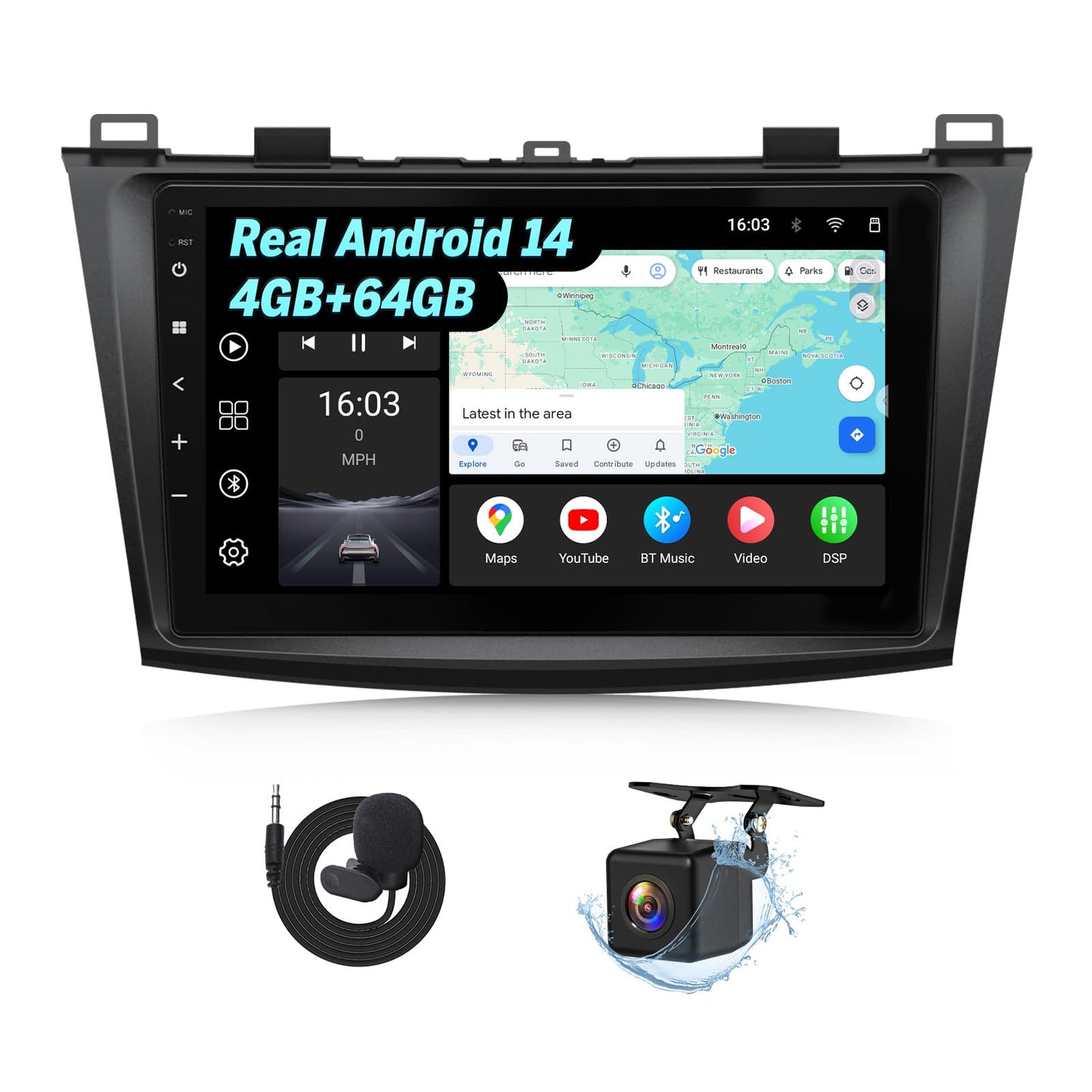 Eonon 4G+64G - Receptor estéreo para coche Android 14 para Mazda 3 2010-2013, unidad inalámbrica CarPlay y Android Auto Headunit, visualización táctil de 9 pulgadas, navegación GPS Bluetooth, AM/FM