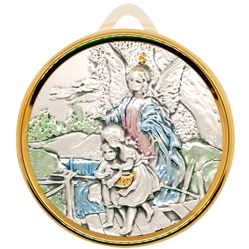 Medalla de ángel guardián guiando a los niños para cuna | Placa en tono plateado con anillo en tono dorado | Incluye cintas azules y rosas | Gran regalo católico para bautizo y bautizo | Decoración
