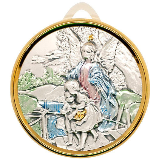Medalla de ángel guardián guiando a los niños para cuna | Placa en tono plateado con anillo en tono dorado | Incluye cintas azules y rosas | Gran regalo católico para bautizo y bautizo | Decoración