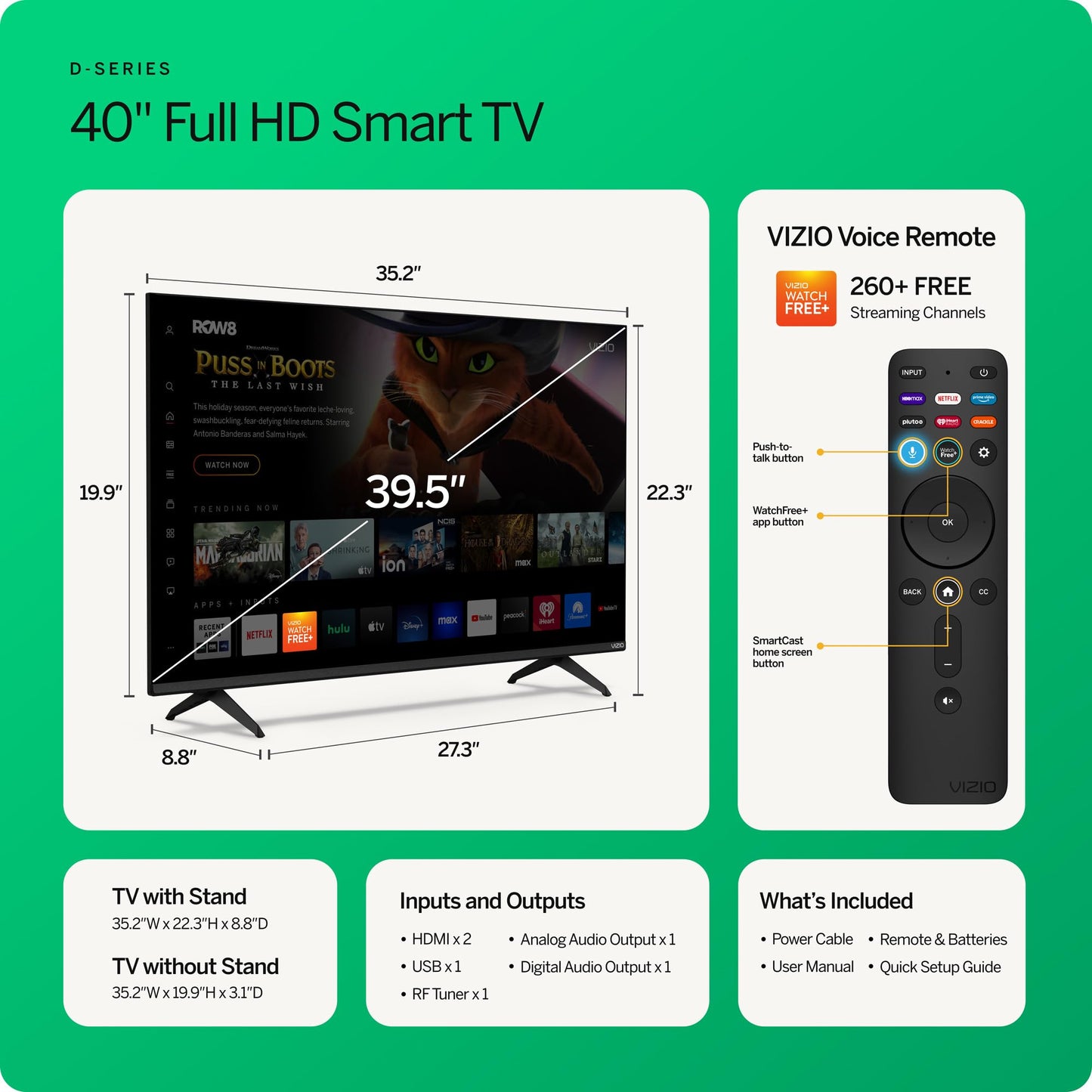 Smart TV VIZIO 40 Pulgadas Serie D Full HD 1080p con Apple AirPlay y Chromecast integrados Alexa 2023