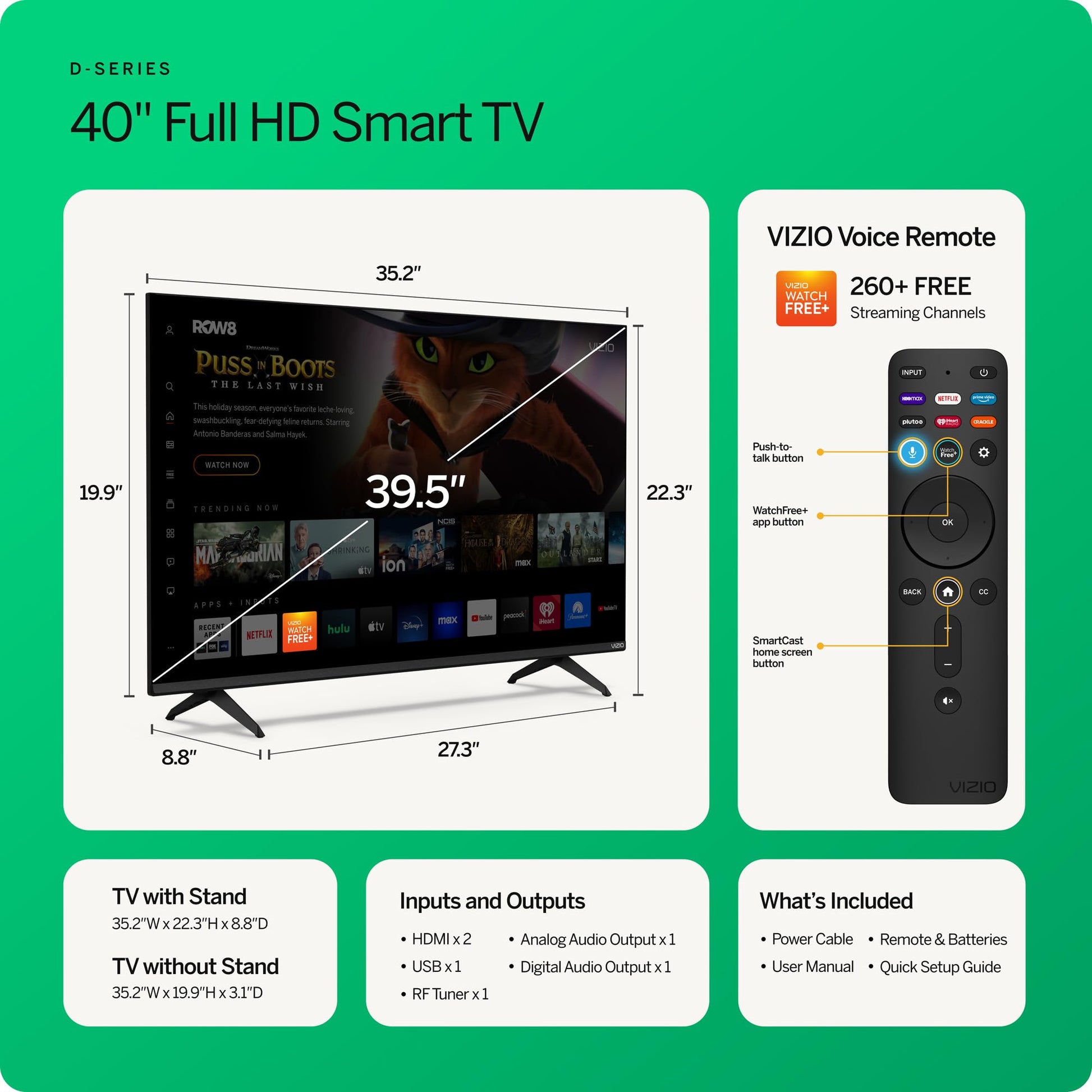 Smart TV VIZIO 40 Pulgadas Serie D Full HD 1080p con Apple AirPlay y Chromecast integrados Alexa 2023