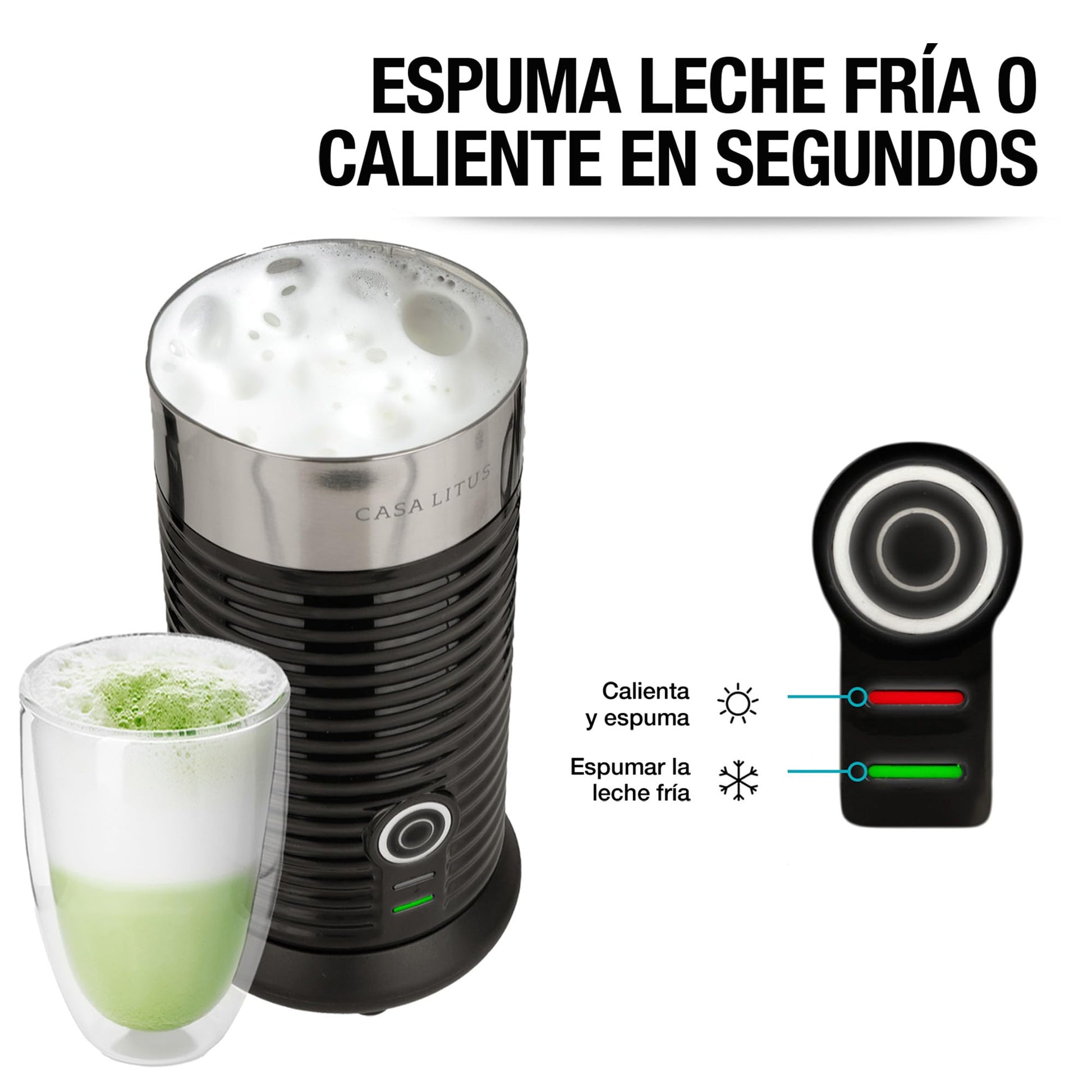 CASA LITUS Espumador de Leche Eléctrico Profesional de Acero Inoxidable (190 ml), Calienta y Espuma en Segundos, Batidora para Capuchino, Latte, Matcha y Chocolate, Leche Caliente y Fría, Mod. Beirut
