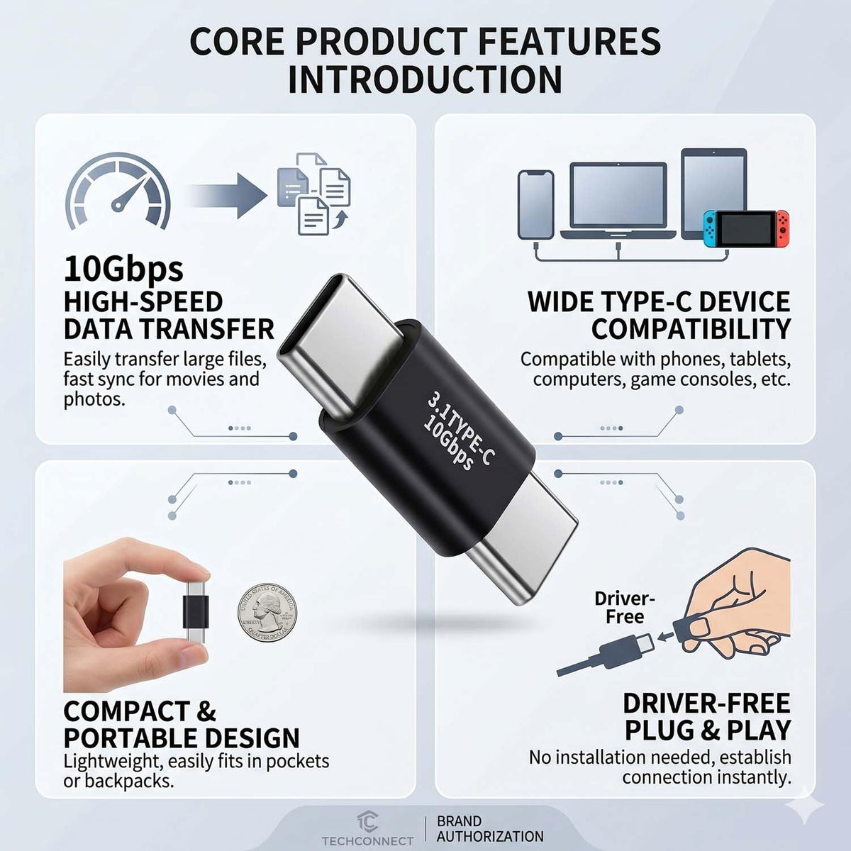 Adaptador USB C BOLS Plata con Tasa de 10 GBbps y Carga Rápida