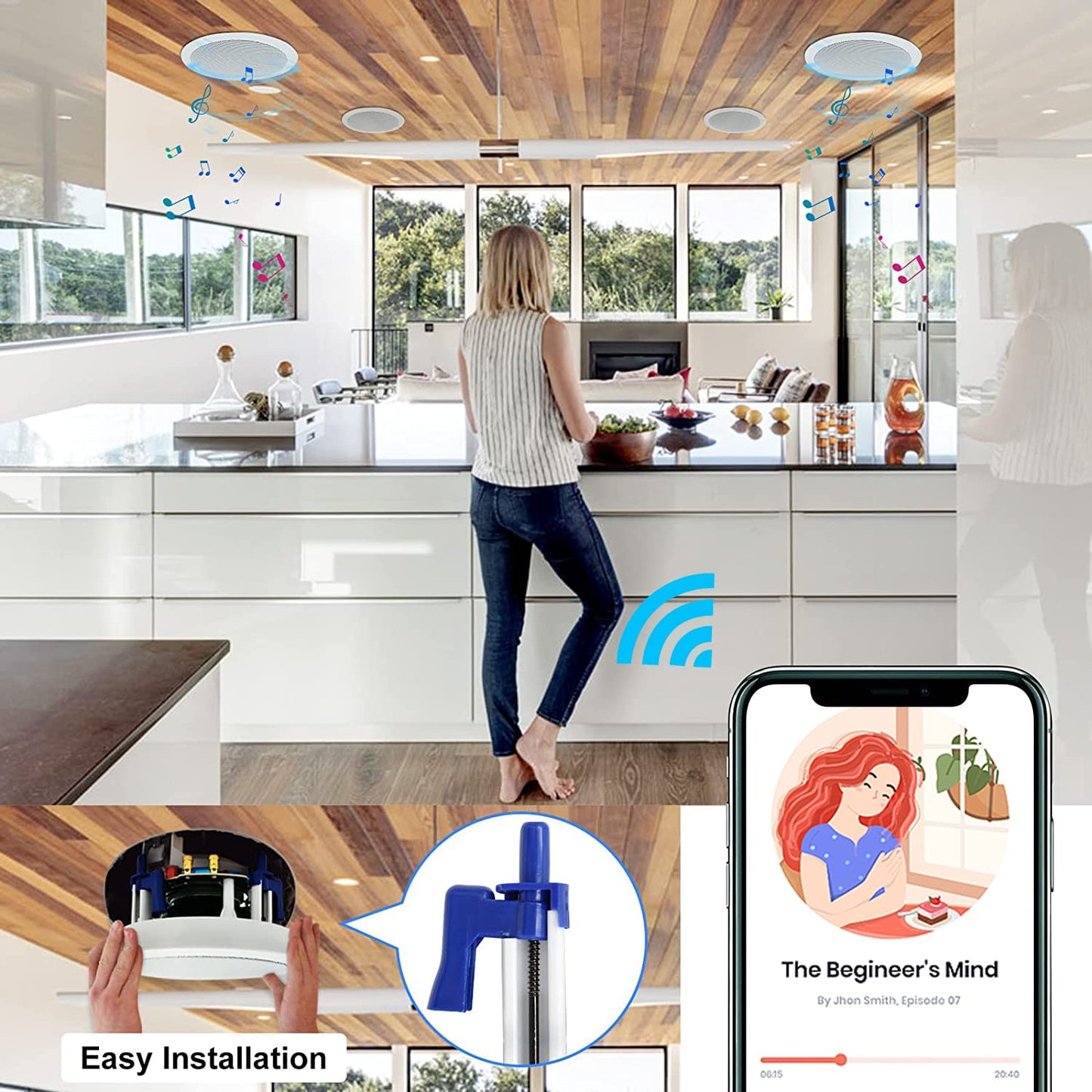 Herdio Sistema de Altavoces Compatible with Bluetooth de 5.25 Pulgadas, Montaje Empotrado en el Techo, Perfecto para Interiores y Exteriores, Dormitorio, baño, porches Cubiertos (4 Altavoces)