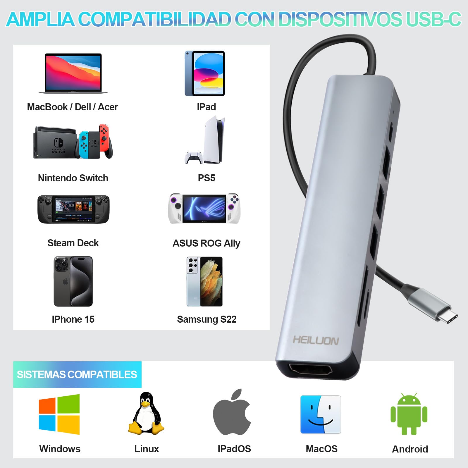 HeiLuon Adaptador Hub USB C 7 en 1 con HDMI 4K, 3 Puertos USB 3.0, Lector de Tarjetas SD, Carga PD 100W, Hub USB C para Laptop, PC Adaptador USB C a hdmi, HDMI a USB C, Tipo C a Hdmi