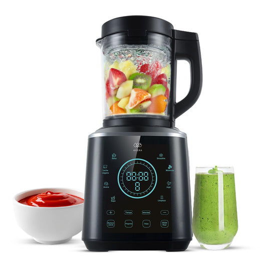 AVERA Licuadora profesional digital 4 en 1 con vaso de vidrio borosilicato de 1.7 L Resistente a 450°C, 1200 W, 10 Velocidades y 12 Funciones | LIC01P
