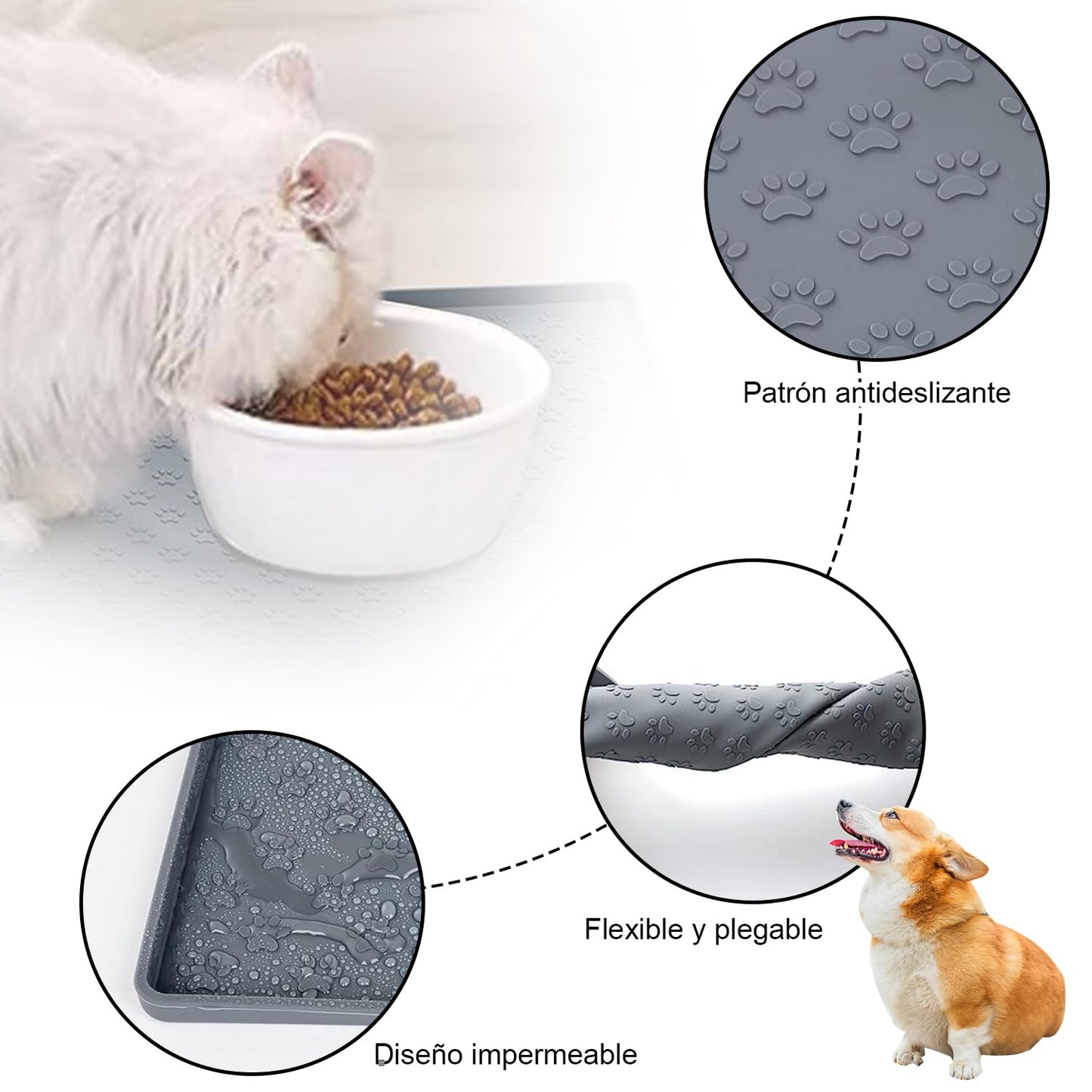 JEMUON Tapete de Silicona para Alimentación de Mascotas, 2 Piezas Tapete para Perro y Gatos Comida Plegable, Tapete para Comida de Perro, Tapete Perro para Evitar Derrames de Comida y Agua (Negro)
