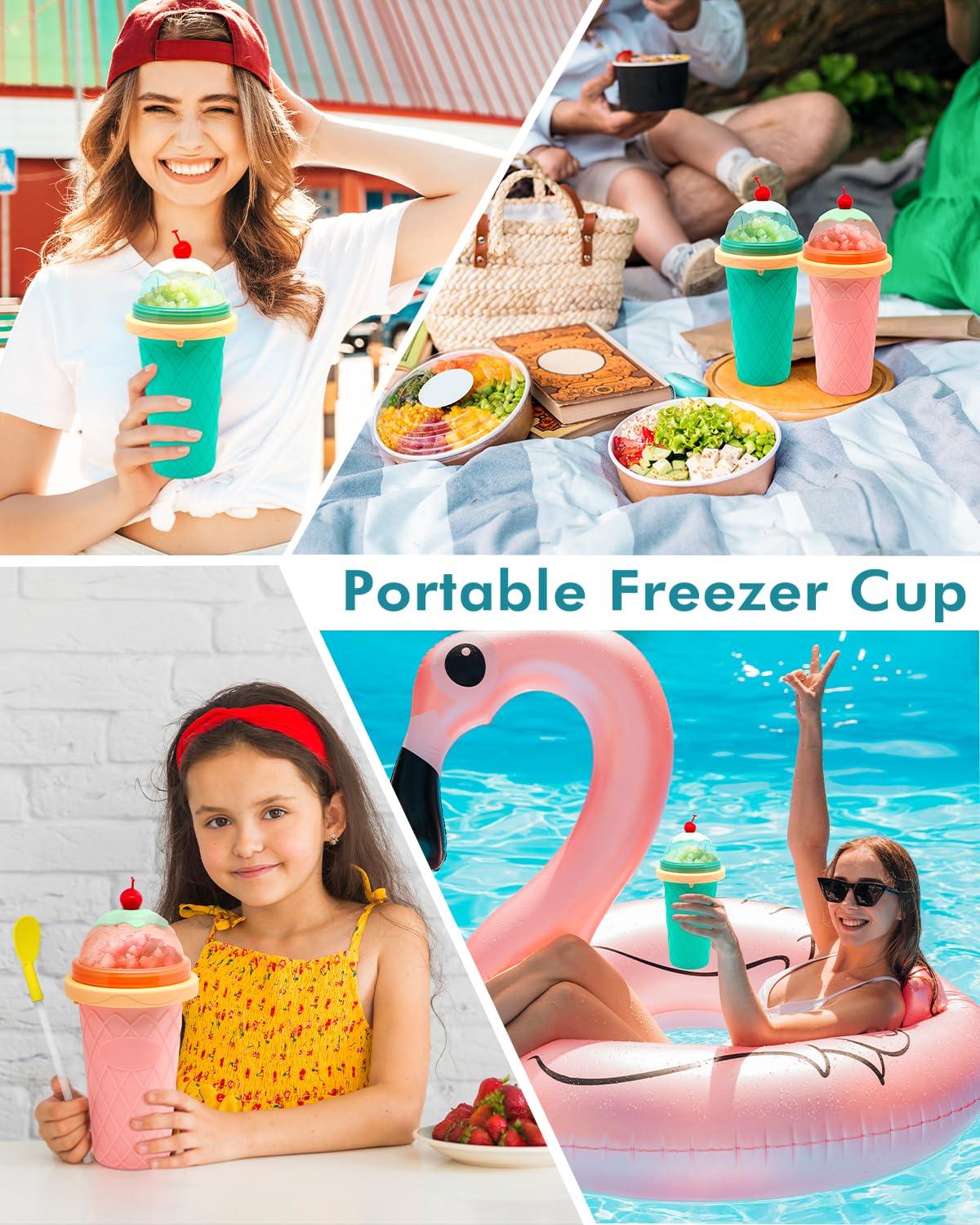 Bollove Taza de Slushietazas de licuado con tapas y popotestaza de granizado para jugosleche y heladofabricante portátil de vasos de granizado mágico congelado para niñosamigos y familiares (verde)