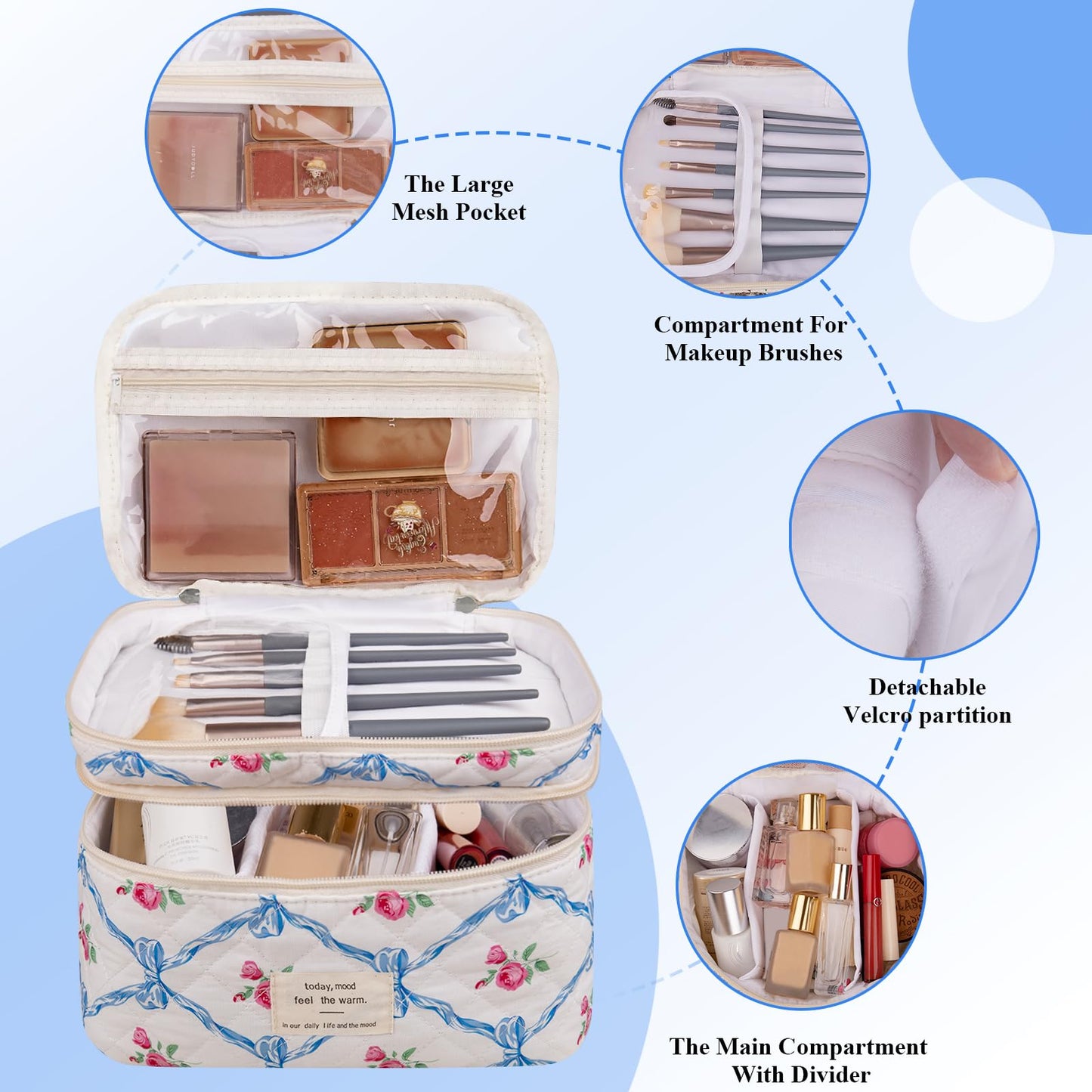 Bolsa de maquillaje, bolsa de cosméticos grande para mujeres y niñas, lindas bolsas de maquillaje acolchadas, bolsa de aseo estética de coquetas florales, bolsa organizadora de maquillaje de viaje