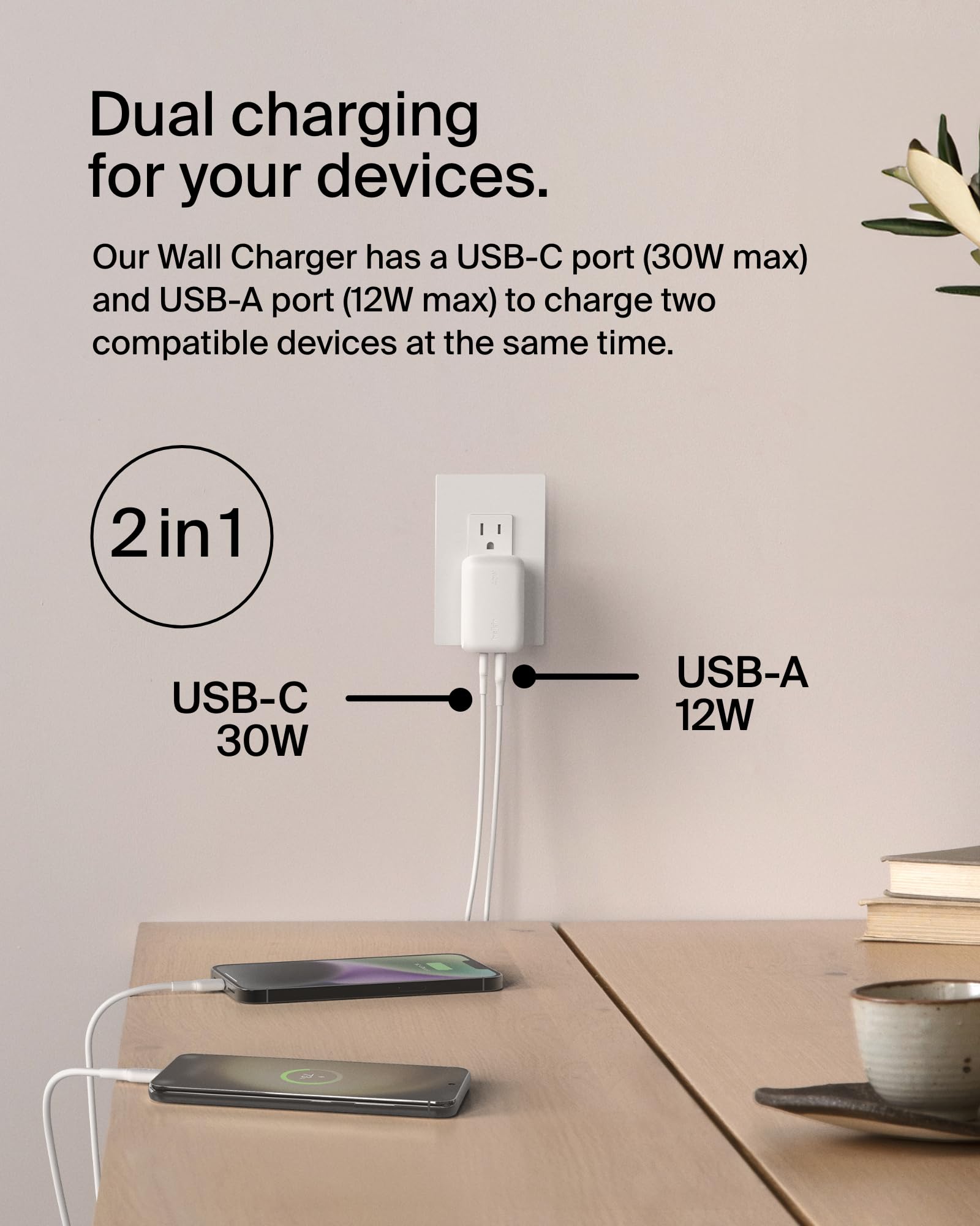 Belkin - WCB009dqWH - Cargador de Pared Dual de 42 W, USB-C +de 30W + USB-A de 12W con PD 3.0 y PPS, Blanco