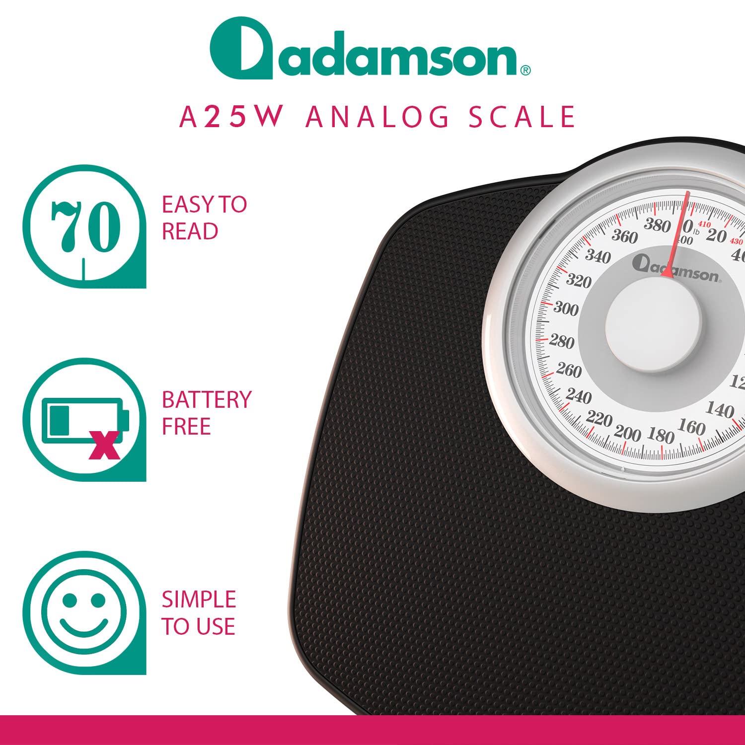 Adamson Báscula A25W para peso corporal, hasta 400 libras, esfera de 5.3 pulgadas en plataforma de 12.5 x 10.2 pulgadas, superficie de goma antideslizante, báscula de baño de alta precisión, analógica