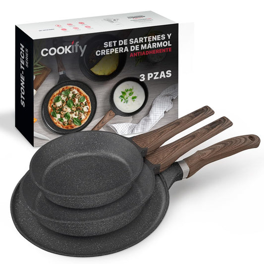Cookify Set de 3 piezas (Sarten 20 y 24 cm y Crepera 28 cm) Antiadherente de Mármol (Negro)
