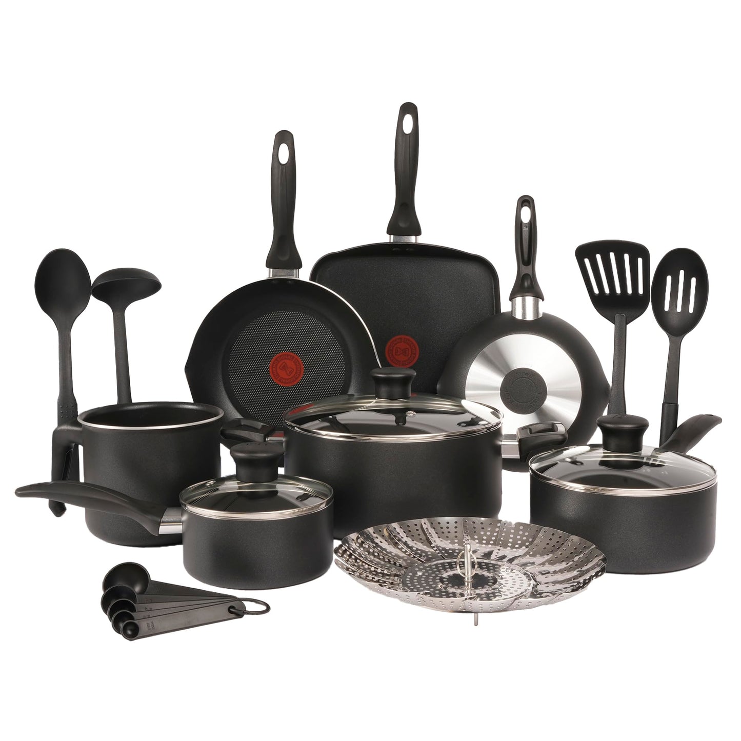 Batería de Cocina T-fal Negra con Antiadherente Titanium y Tecnología Thermo Señal de Fácil Limpieza 20 Piezas