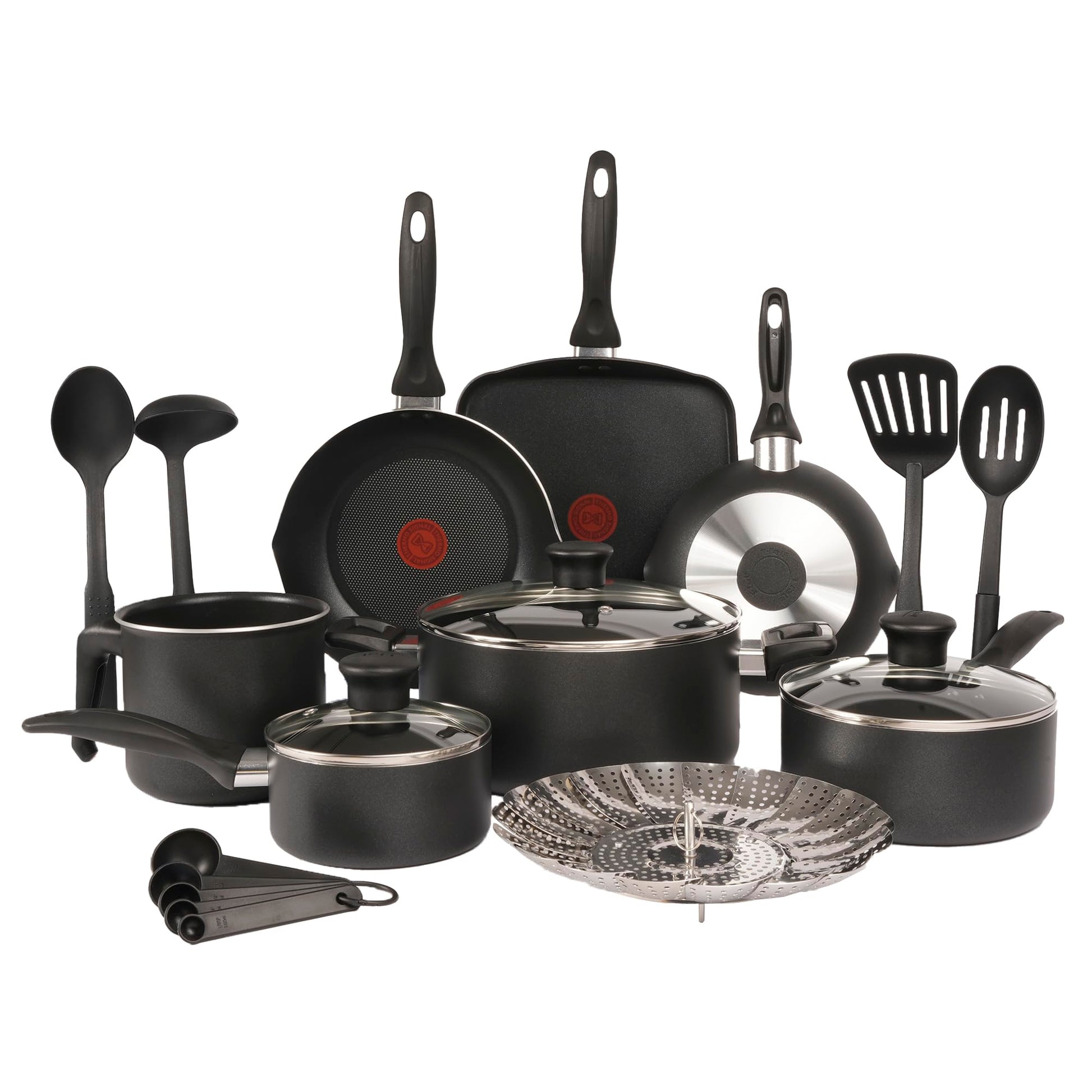 Batería de Cocina T-fal Negra con Antiadherente Titanium y Tecnología Thermo Señal de Fácil Limpieza 20 Piezas