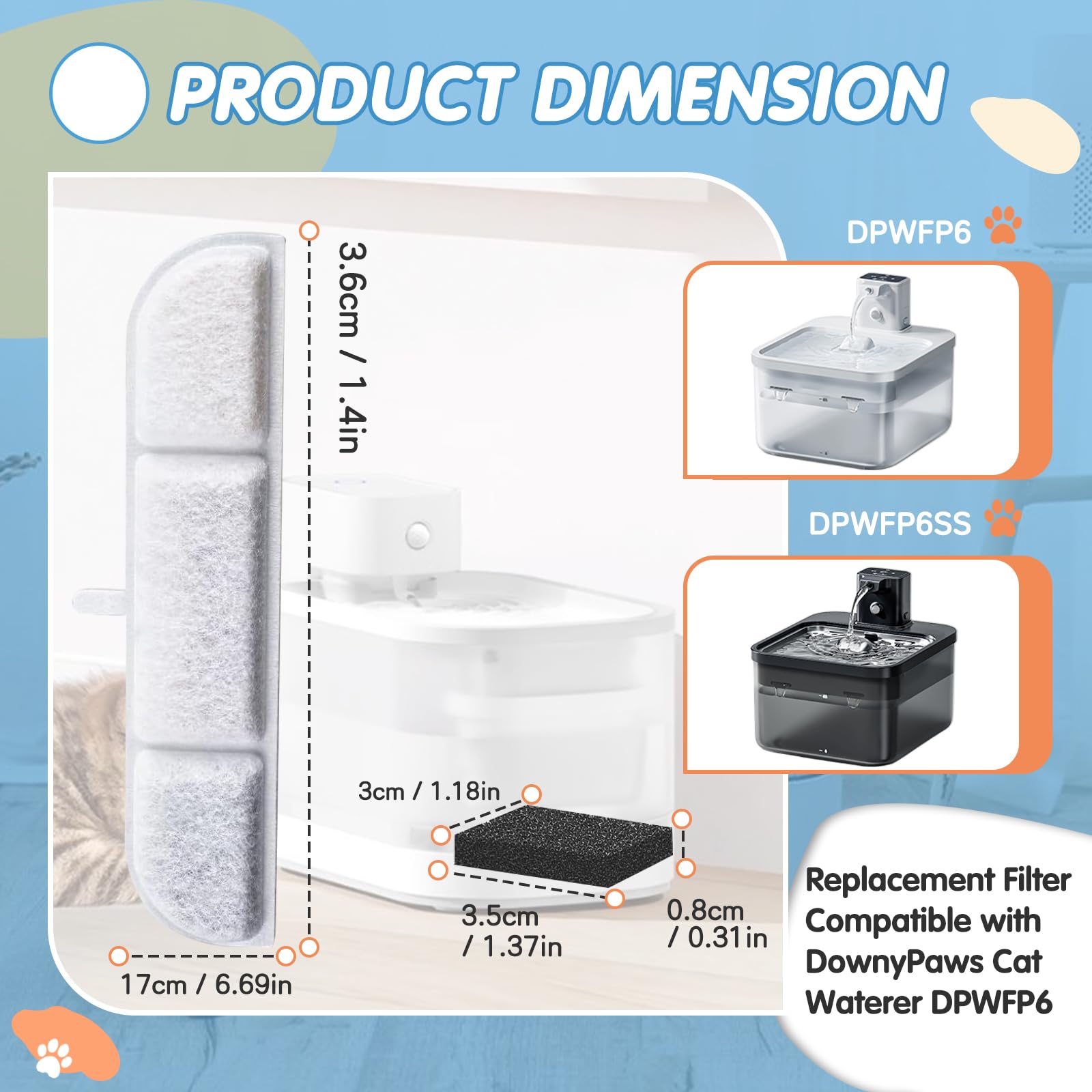 Filtros de Repuesto Downy Paws para Fuente de Agua de Gato Blanco con Triple Filtración (Paquete de 8)