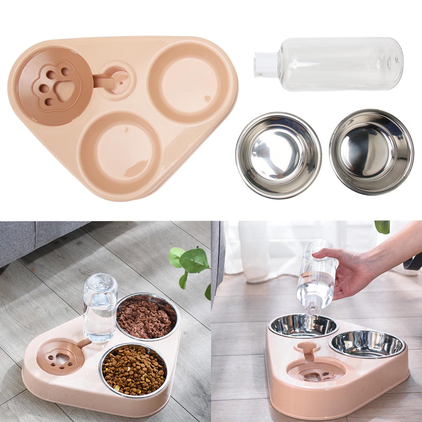 Cuencos Dobles para Perros y Gatos, Juego de Cuencos para Comida Con Botella de Agua para Mascotas, Cuencos Triples para Evitar Derrames con Botella de Agua Automática para Perros y Gatos(Rosa)
