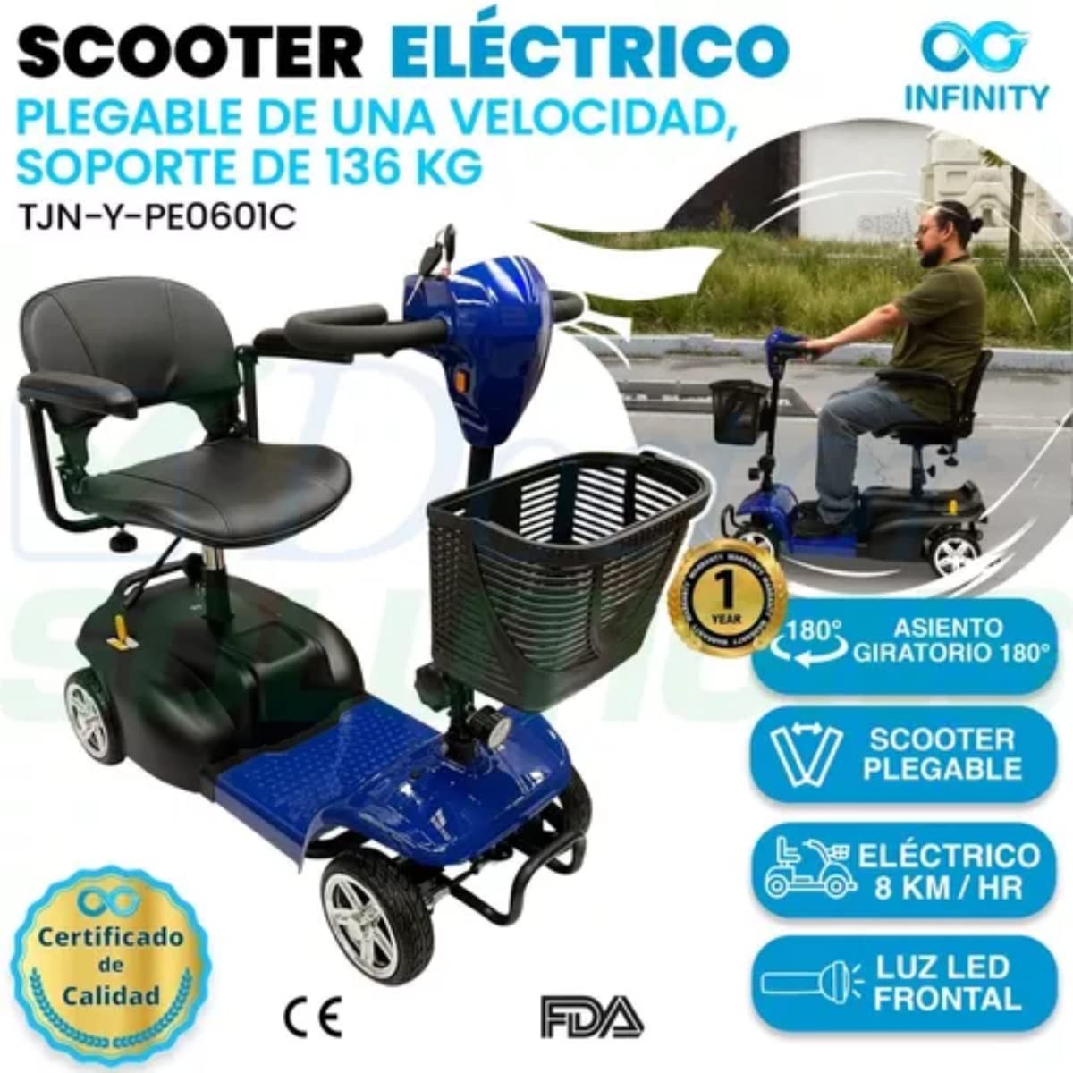 INFINITY | Silla Ruedas Eléctrica Plegable y Recargable Scooter para Adulto Discapacitado, con Batería de Larga Duración (Azul)