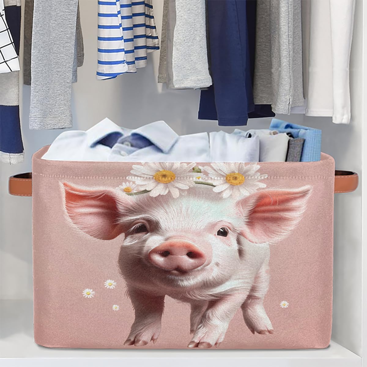 AUUXVA Seulife - Cesta de almacenamiento plegable con diseño de cerdo y flores, tamaño grande, plegable, organizador de almacenamiento con asas para cuarto de baño, guardería, guardería, armario, 1 paquete