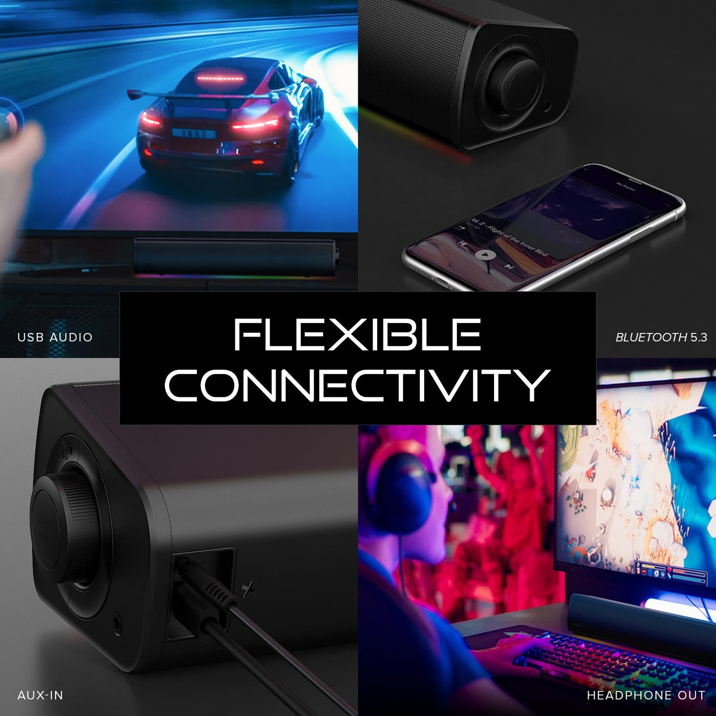 Sound Blaster GS3 (blanco) Barra de sonido compacta para juegos RGB con tecnología SuperWide y alimentada a través de USB, Bluetooth 5.4, puerto de salida para auriculares, para PC y Mac