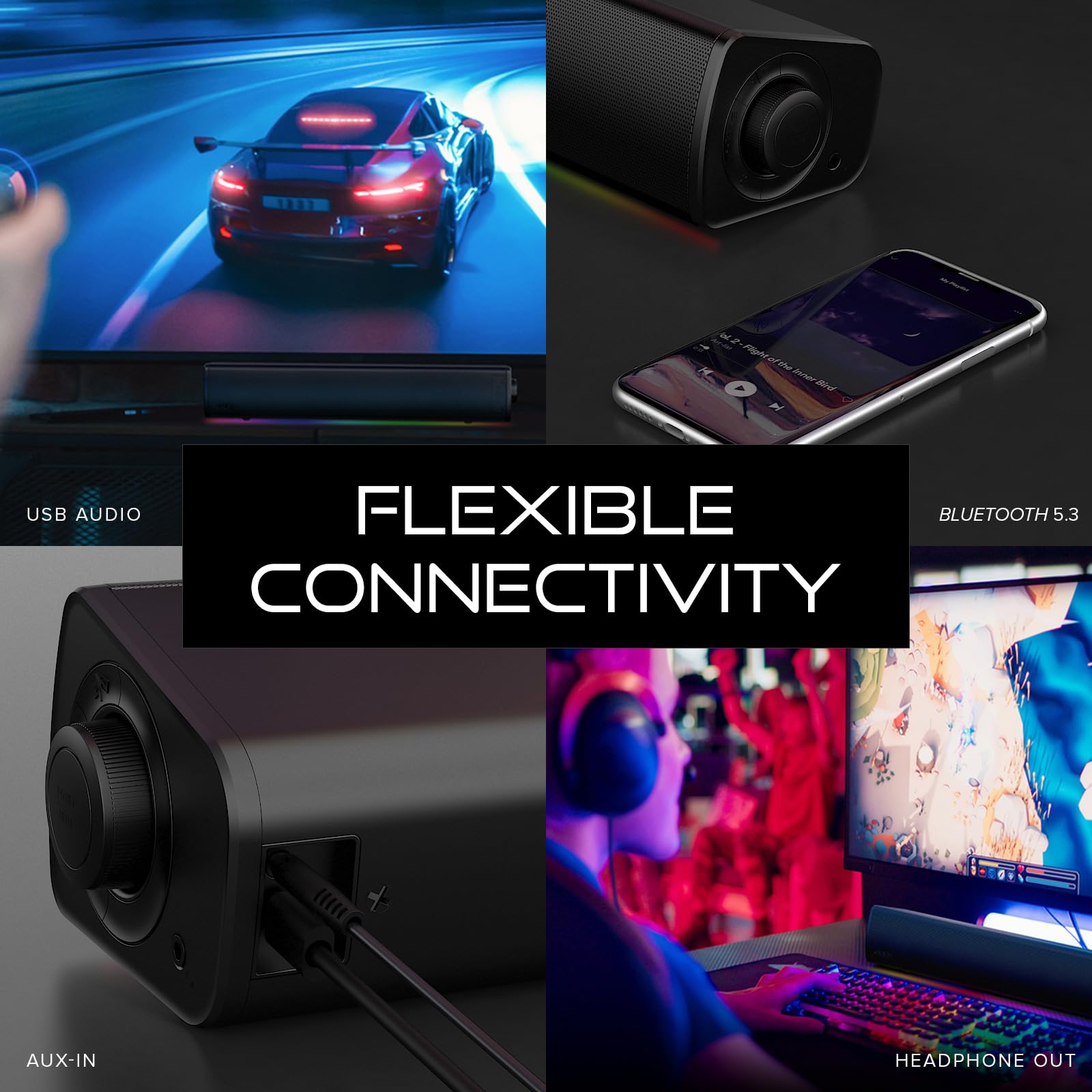 Sound Blaster GS3 (blanco) Barra de sonido compacta para juegos RGB con tecnología SuperWide y alimentada a través de USB, Bluetooth 5.4, puerto de salida para auriculares, para PC y Mac