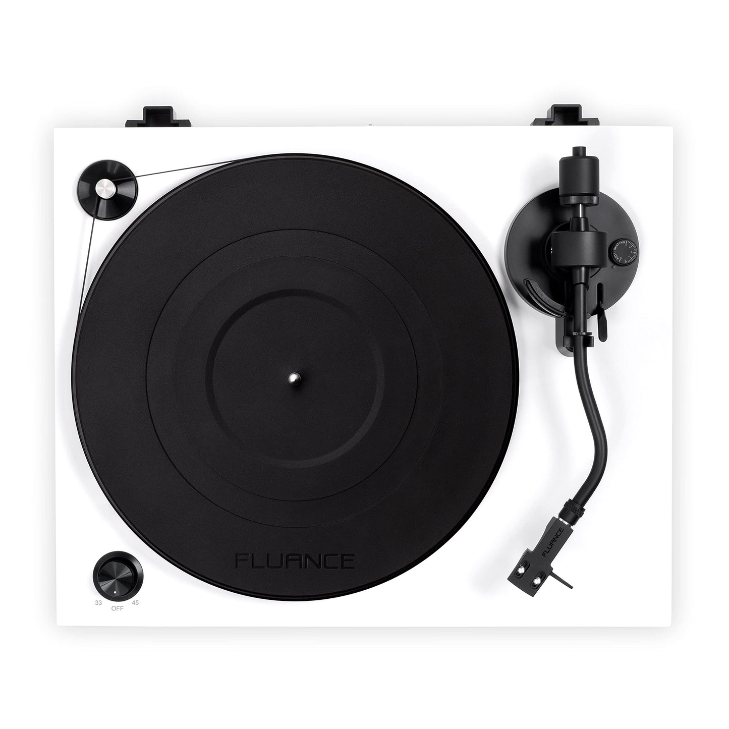 Fluance RT82 - Tocadiscos de vinilo de alta fidelidad con cartucho Ortofon OM10, motor de control de velocidad, zócalo de madera MDF de alta masa, pies de aislamiento de vibraciones, blanco piano