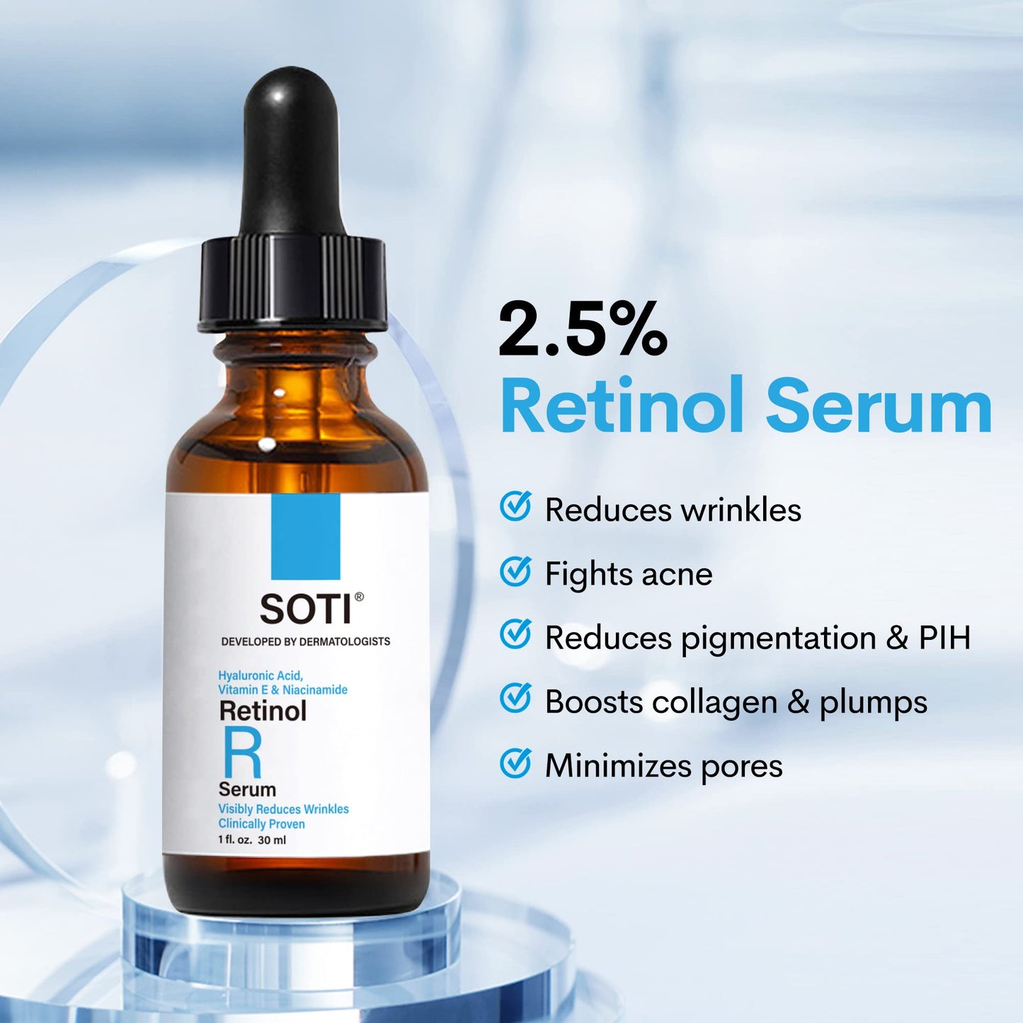 Soti 2.5% Retinol Serum, Made in USA! Reduces Wrinkles, Age Spots, Post-Acne Marks. Stimulates Collagen, Firm Skin, Anti Aging with Hyaluronic Acid, Niacinamide, 30ml