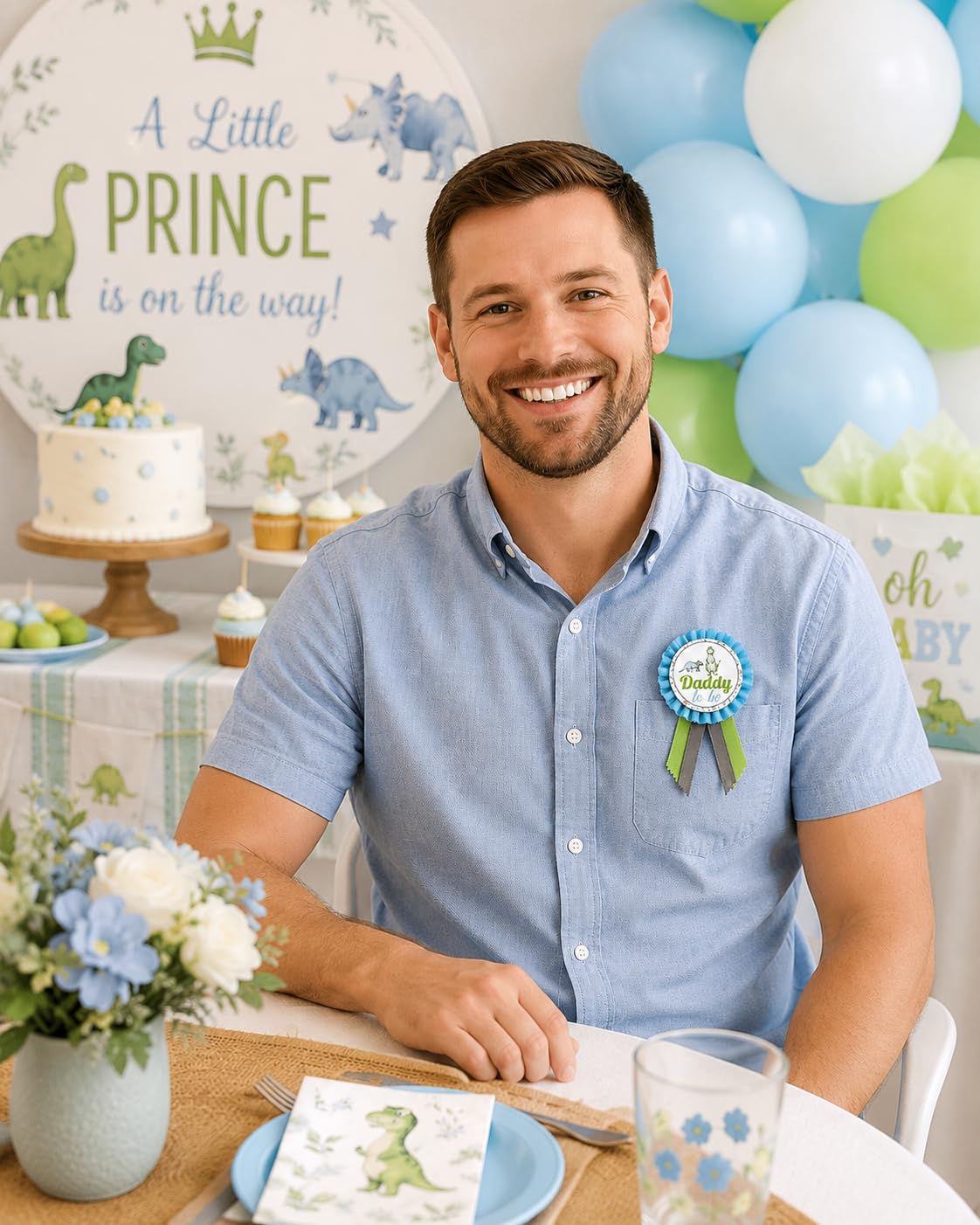 Alfileres de dinosaurio para baby shower para mamá, papá, abuela, selva, familia, para llevar, es un niño, Una talla, Cartulina cartulina cintas de satén Pin de diamantes de imitación solo para faja,