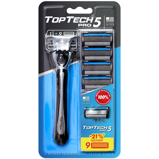 TopTech PRO 5 Rastrillo para Afeitar Hombre Reutilizable - Afeitadora Manual con Cartuchos Reemplazables - Tecnología de 5 Cuchillas - Pack de 9 Unidades (1 Mango + 8 Recambios) - Afeitado Suave y Cuchillas Afiladas - Recambios Económicos