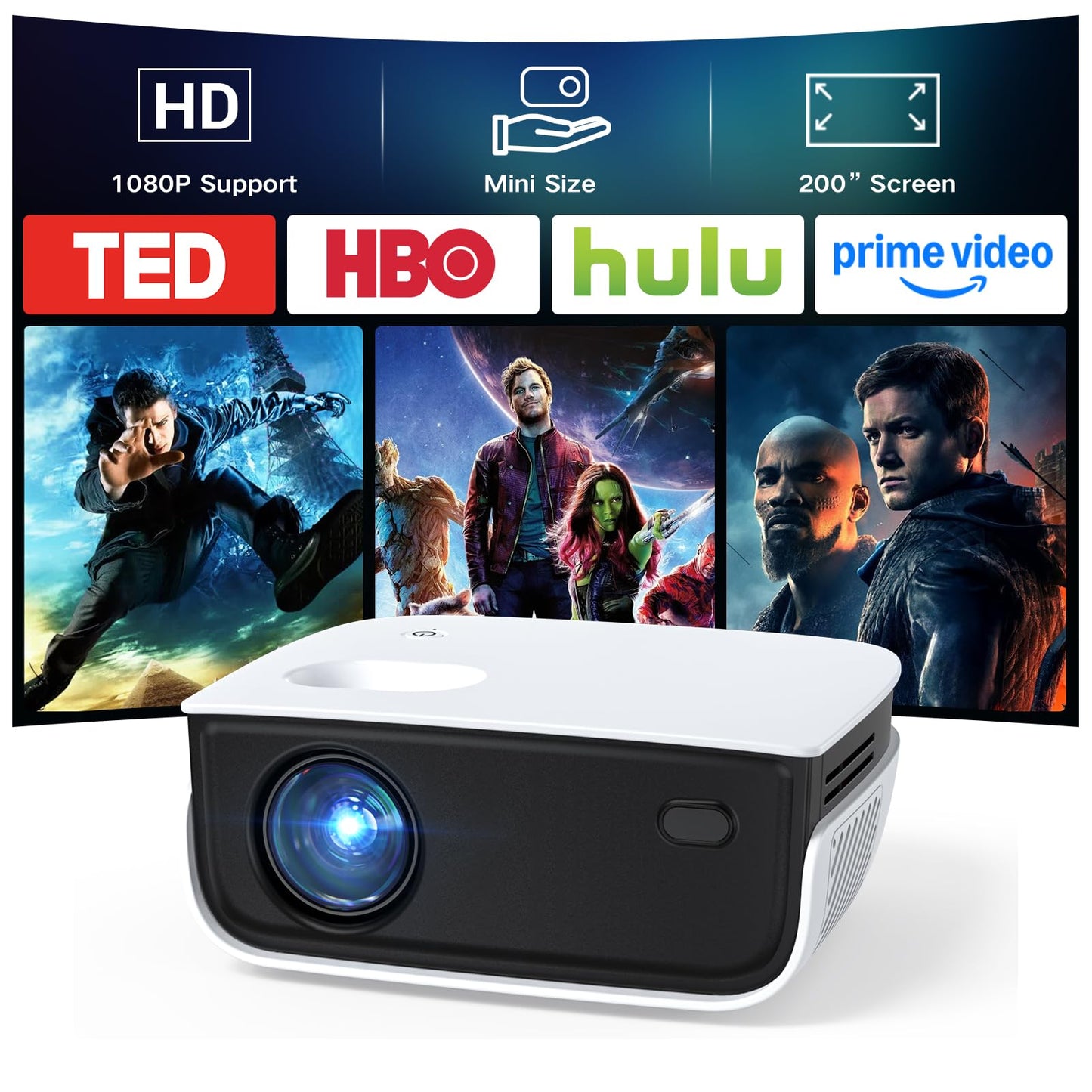 Mini proyector de película portátil para Exteriores NICPOW con trípode, proyector pequeño Compatible con 1080P y 240 Pulgadas, Compatible conteléfono, PS5, HDMI, USB para el