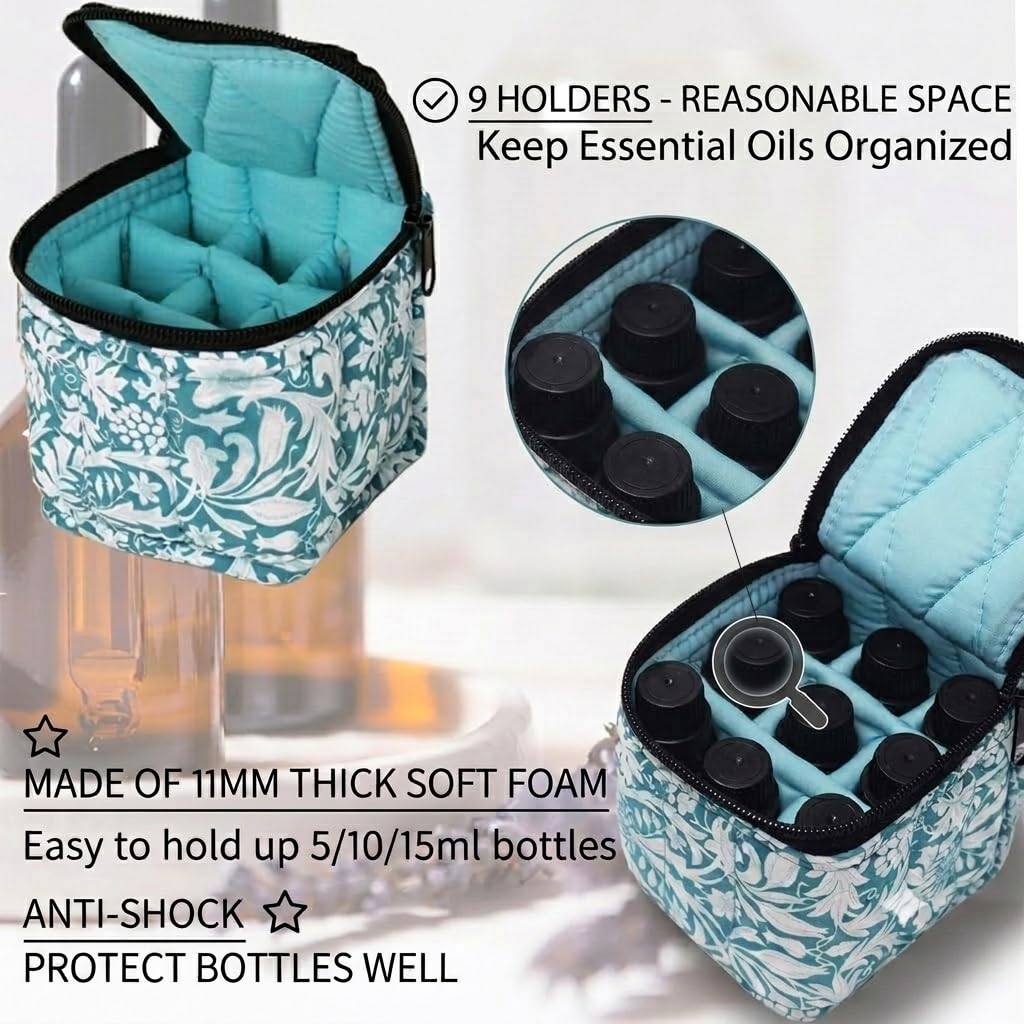 FUZEBAG 9 Bottles Essential Oil Carrying Case Shockproof Essential Oils Organizer Travel Bag Suitable for 5ml,10ml,15ml Bottles with Portable Handle and Double Zipper (Aqua Green)