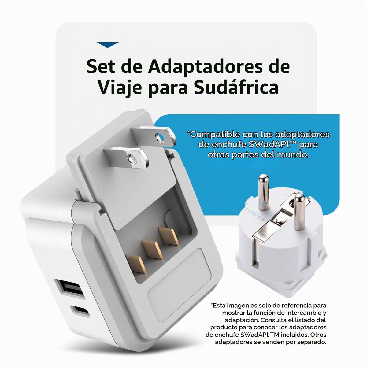 Juego de Adaptador de Corriente Ceptics South Africa Blanco con Doble USB y USB-C para Viaje en África