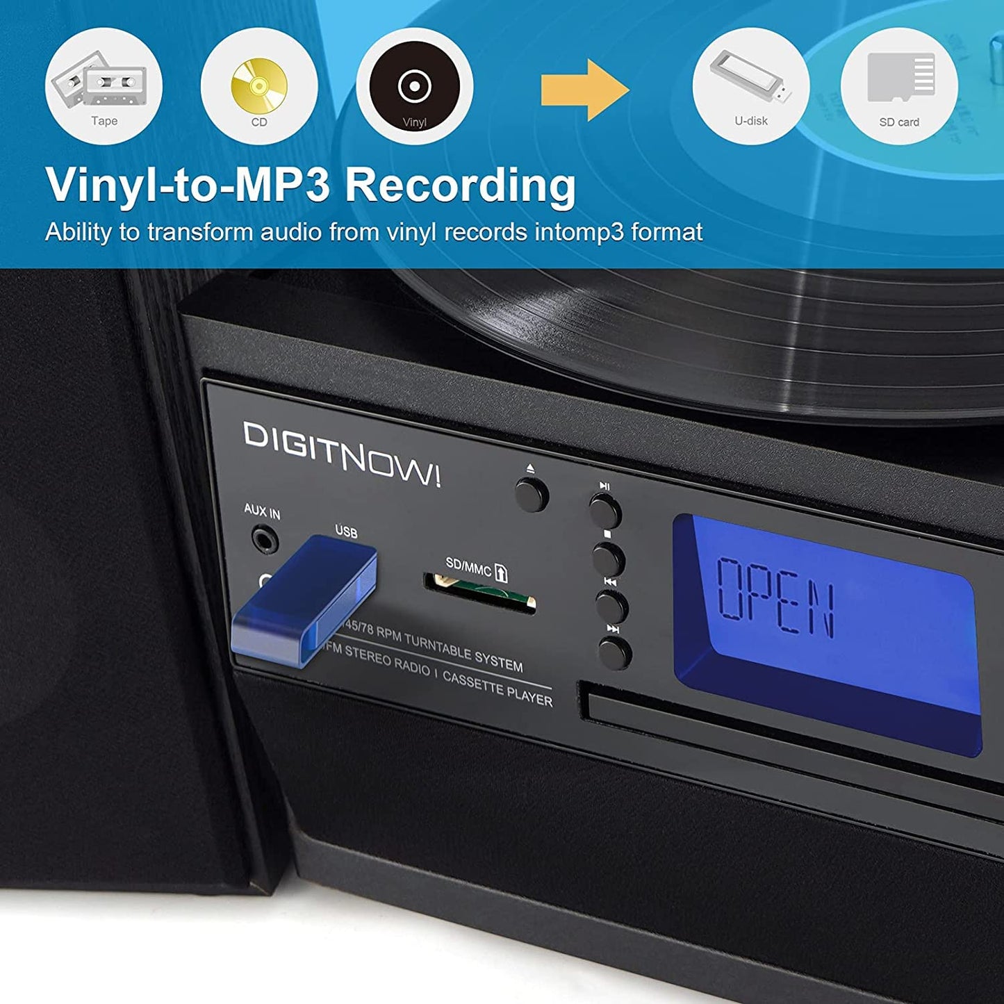 DIGITNOW Bluetooth Record Player Turntable with Stereo Speaker, LP Vinyl to MP3 Converter with CD, Cassette, Radio, Aux in and USB/SD Encoding, Remote Control, Audio Music Player Built in Amplifier