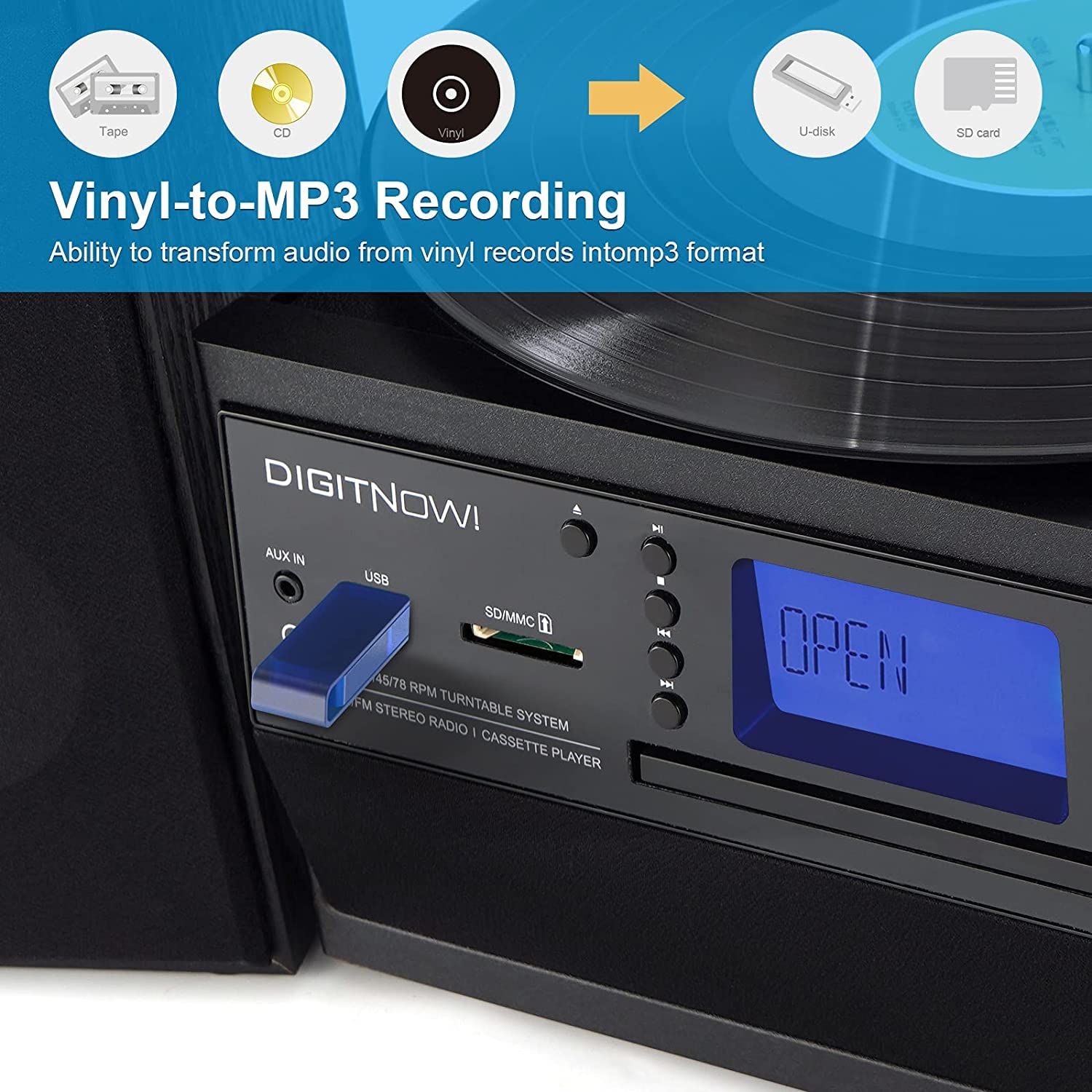 DIGITNOW Bluetooth Record Player Turntable with Stereo Speaker, LP Vinyl to MP3 Converter with CD, Cassette, Radio, Aux in and USB/SD Encoding, Remote Control, Audio Music Player Built in Amplifier