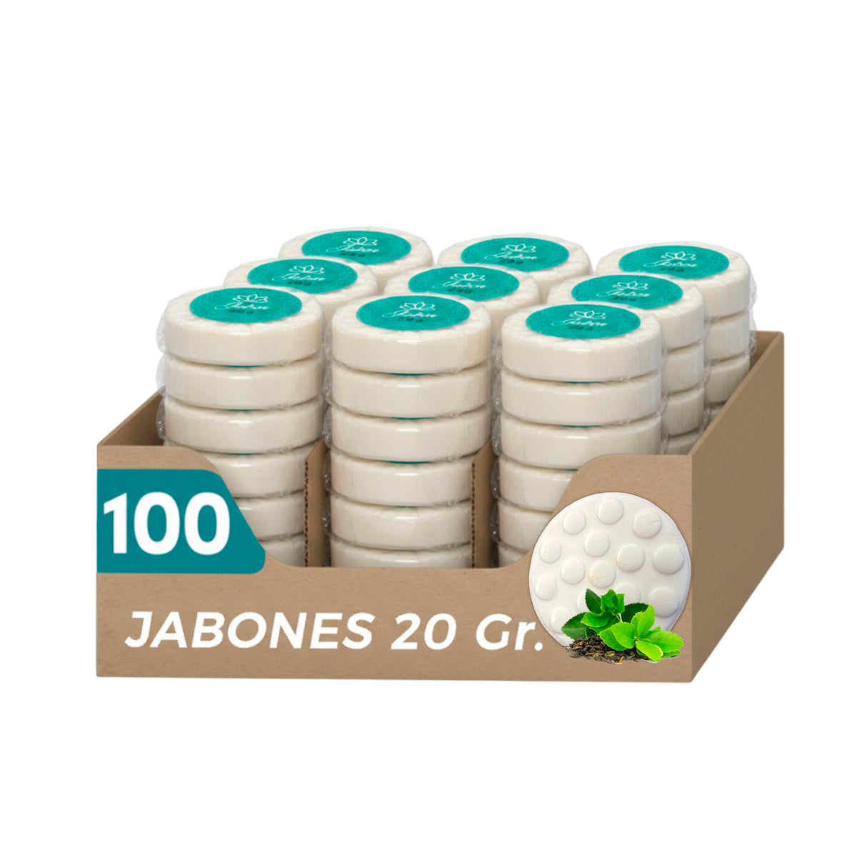 Caja de Jabón Corporal de 20g Con 100 Piezas, Mini Jabones Redondos Relajantes, Ideal Para Hoteles, Airbnb, Posadas, Hospitales, Spa, Jabon de Baño, Jabón Corporal Ecospa (Té Verde)